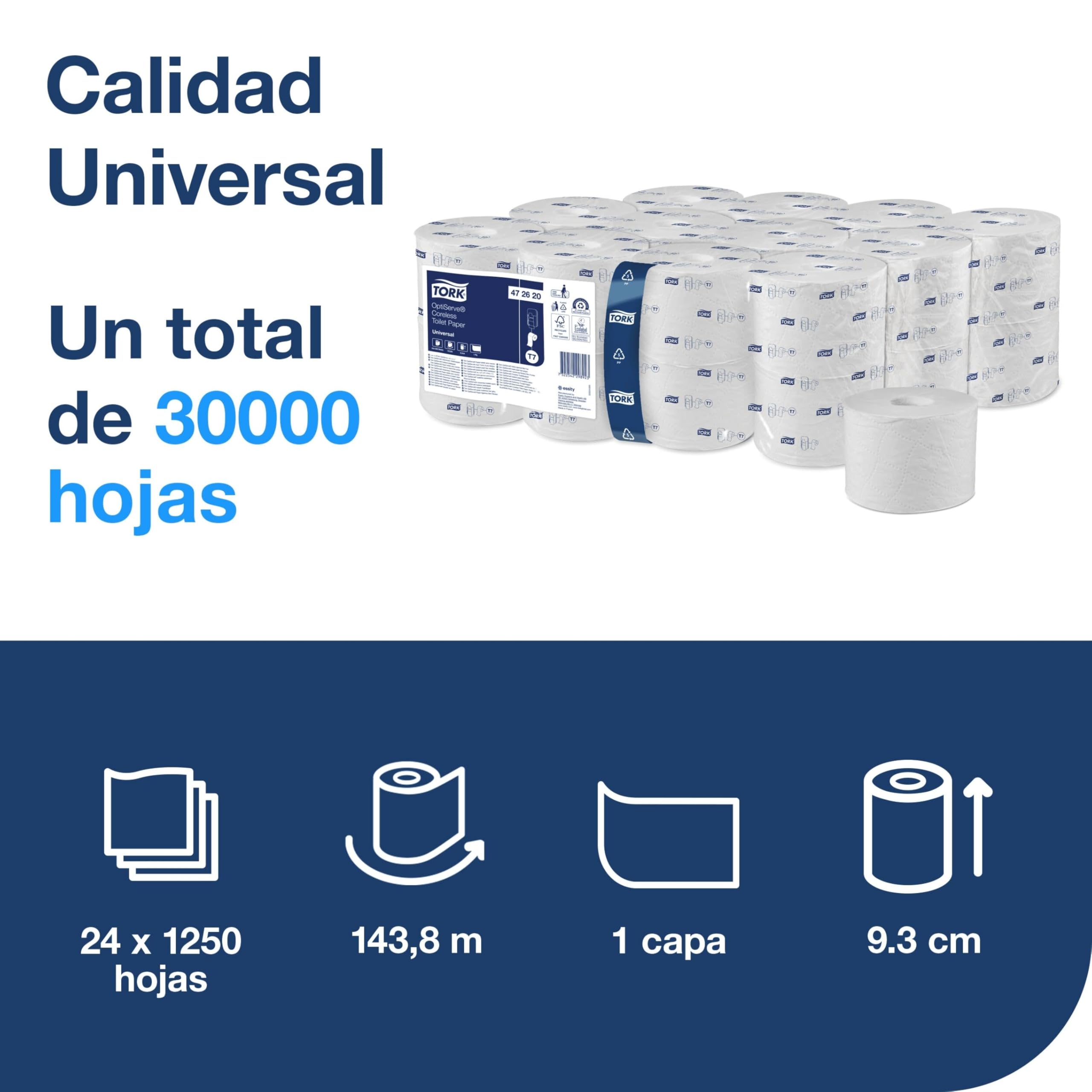 Tork OptiServe Papel Higiénico sin Madril Blanco T7, Universal, 1 capa, 24 × 1250 hojas, 472620