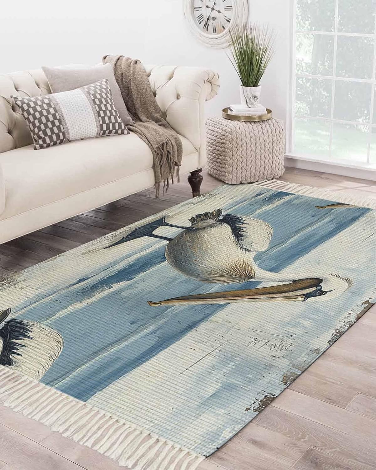 Summer Seaside Kitchen Runner Rug 2'x5' Bathroom Rug with Tassels Washable Woven Area Rugs Pelican Birds Oil Painting Ocean Art Hallway Runner Rugs Indoor Throw Carpet for Bedside Living Room Entryway