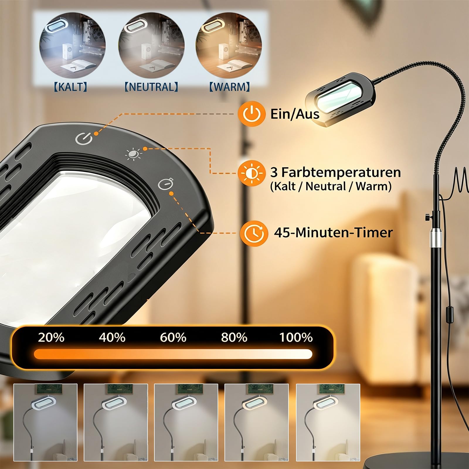 10X Lupenleuchte mit Licht und Standfuß - LED Schwanenhals Standlupe Klemme | 3 in 1 Lupenlampe 5 Farbmodi Stufenlos Dimmbar,142cm Höhenverstellbare Schreibtischlampe mit Lupe für Senioren Lesen Handwerk
