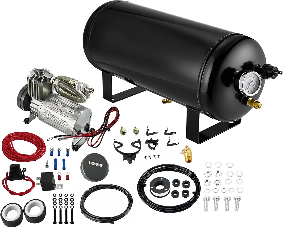 2.0 Gallon Air Tank with Compressor,6 Ports with 1/4-Inch NPT Thread,150 PSI Rated for Air Suspension System,Air Brake System,Tire Inflation,and Truck & Train Horns​