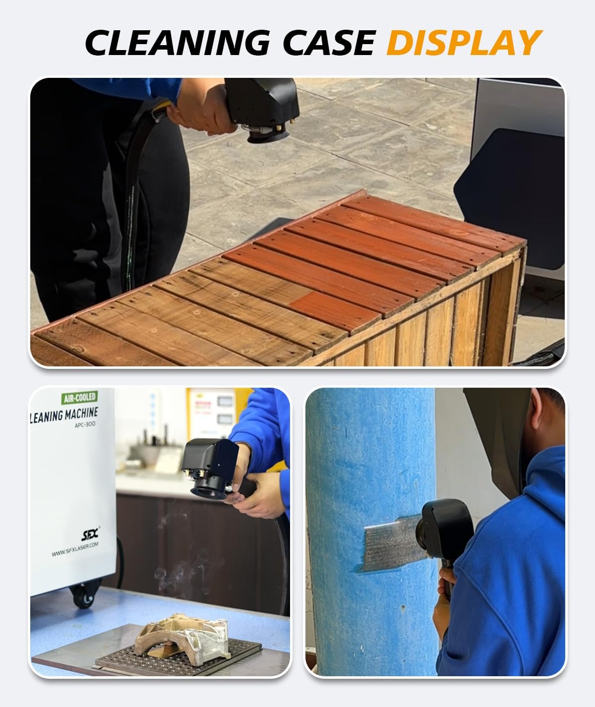 300W Air-cooled Laser Cleaning Machine Pulsed Laser Cleaner Machine for Wood and Mold Cleaning Class 1 Output Power 0.39mW APC-300 IoT