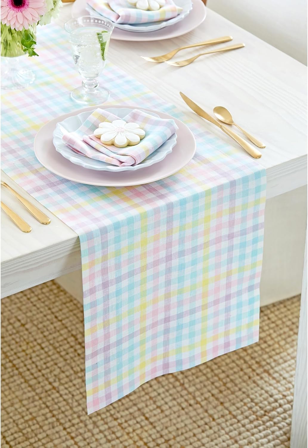Solino Home Linen Gingham Check Table Runner 60 Inches - 100% Pure Linen Multicolor Pastel Gingham Checkered Table Runner 14 x 60 Inch Ideal for Dresser and Coffee Tables
