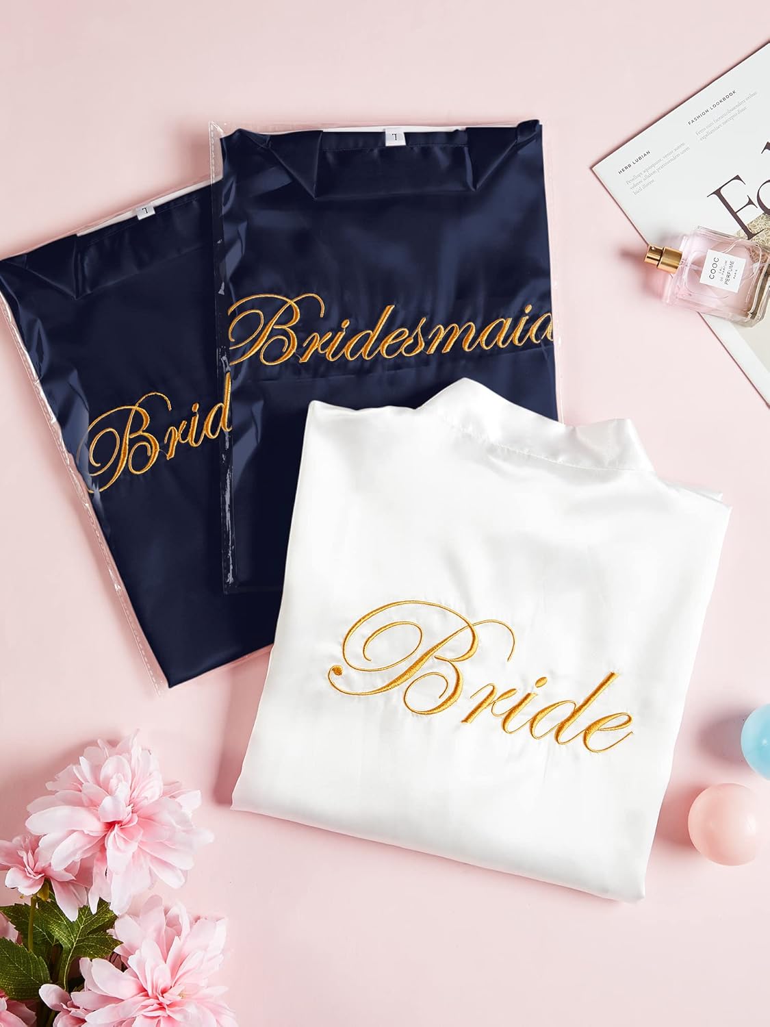 Geyoga 7 Pcs Bridesmaids Satin Robes Silky Bride Kimono Bathrobe Sleepwear for Wedding(Navy Blue, White,L)