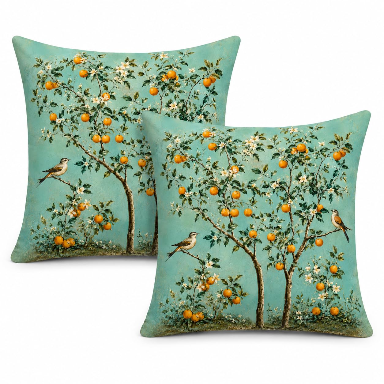 Gemdoit Orange Tree Bird Cushion Covers 45x45cm Pack of 2, Vintage Fruit Tree Decorative Throw Pillow Covers, Square Sofa Cushion Covers for Living Room Bedroom Home Decor, 18x18 Inch
