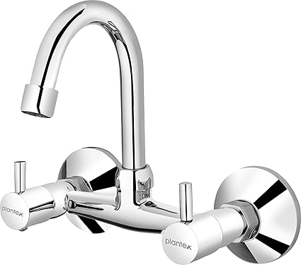 Plantex ICO-914 Pure Brass Bathroom Basin Mixer with (High Arch 360 Degree)Swivel Spout/Double Handle Hot & Cold Water Tap for Kitchen Sink With Brass Wall Flange & Teflon Tape (Mirror-Chrome Finish)