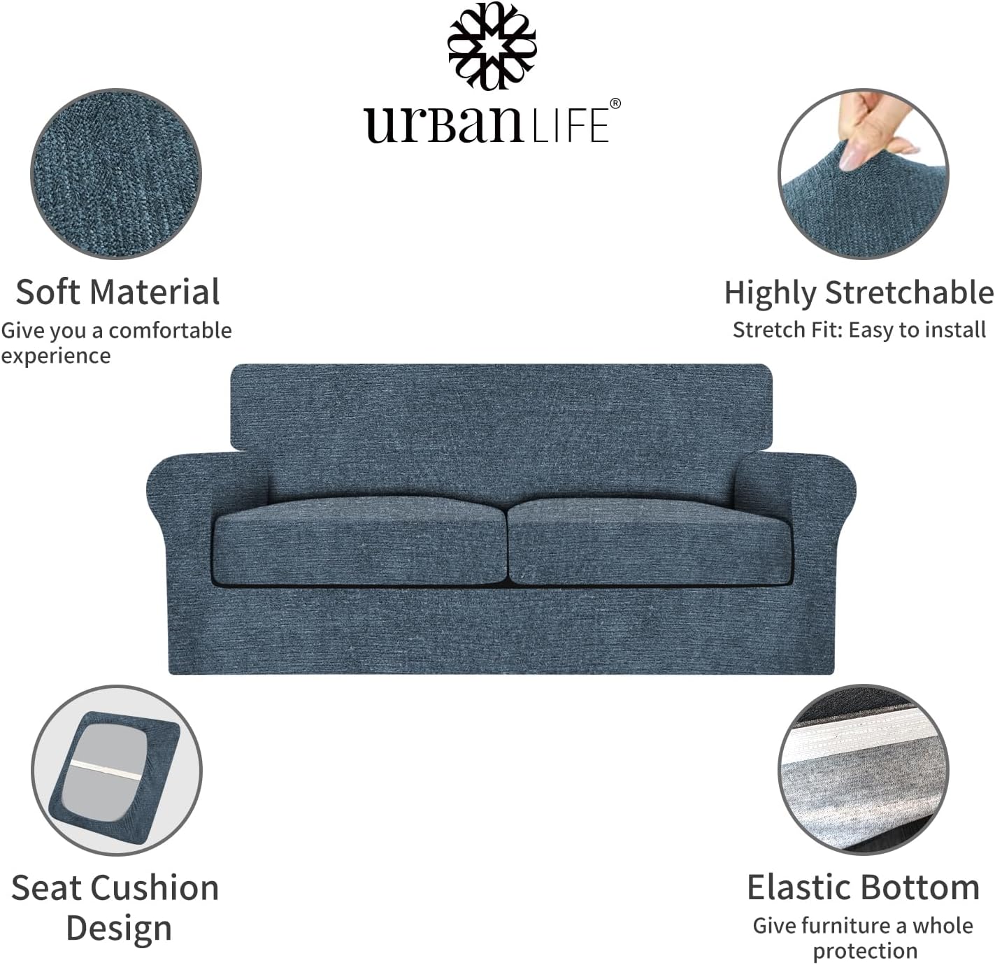 URBANLIFE Stretch Sofa Slipcover - 3-Piece Sofa Cover, Sofa Protector Couch with Soft & Breathable, Couch Covers for 2 Cushion Couch Sofa pet Friendly, Knit Fabric - Washable (Sofa, Dusk Blue Gray)