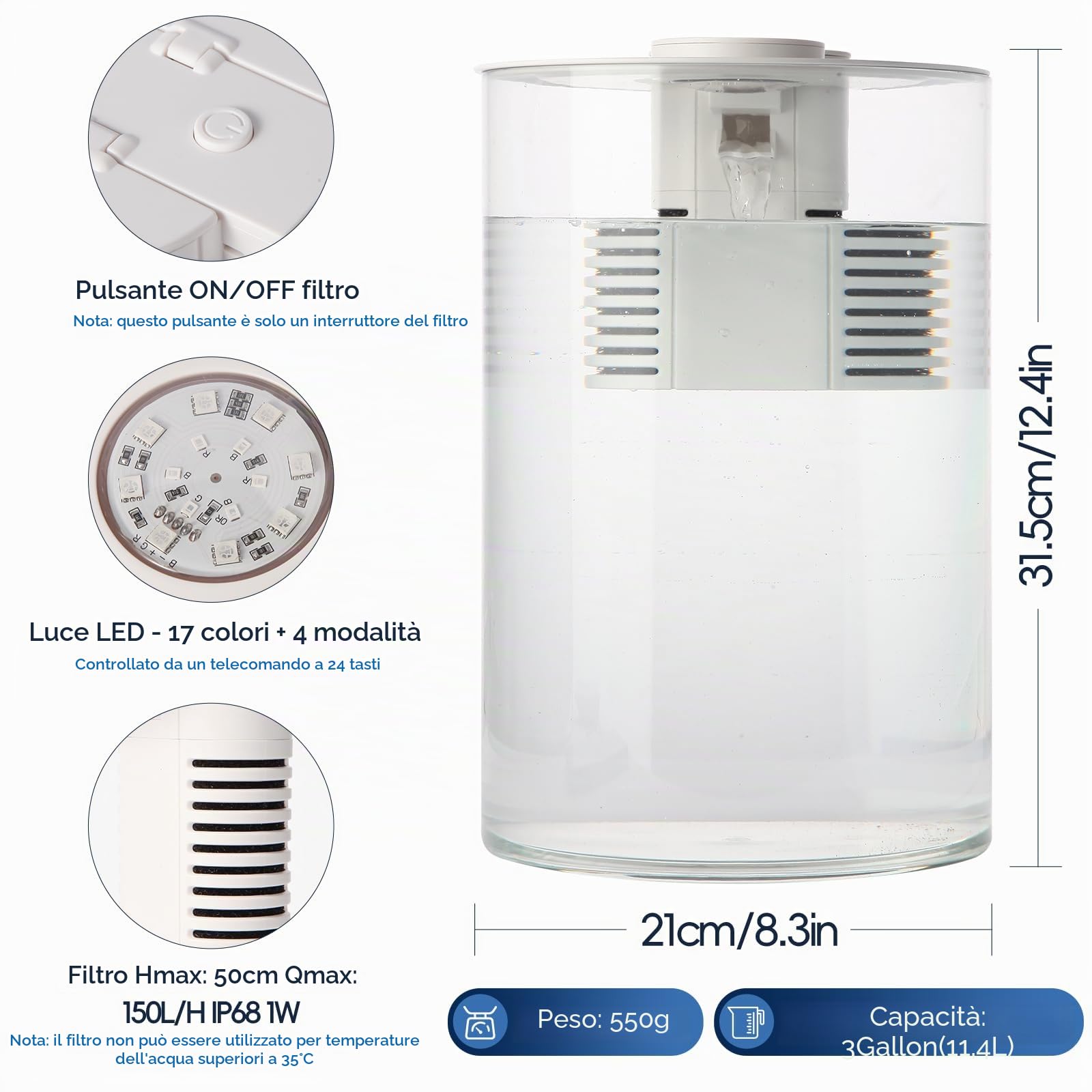 Acquario per pesci, kit di avviamento per acquario da 3 galloni con filtro e illuminazione a LED (17 colori a scelta), acquario con vista a 360 gradi per piccoli pesci, acquario da tavolo