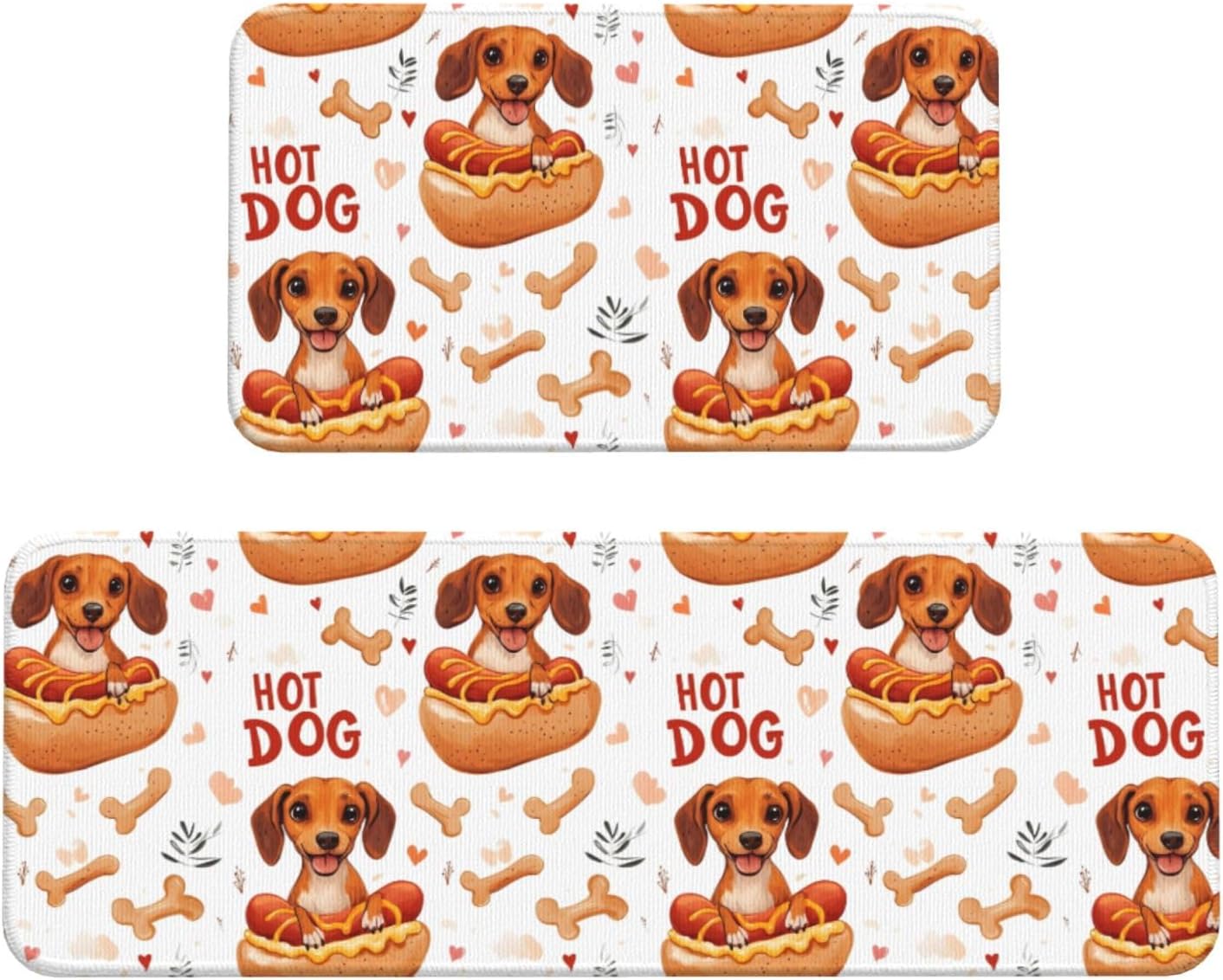 Cute Hot Dog Print Kitchen Rugs Sets of 2 Non Slip Washable, Anti Fatigue Kitchen Mats for Floor, Home Decor
