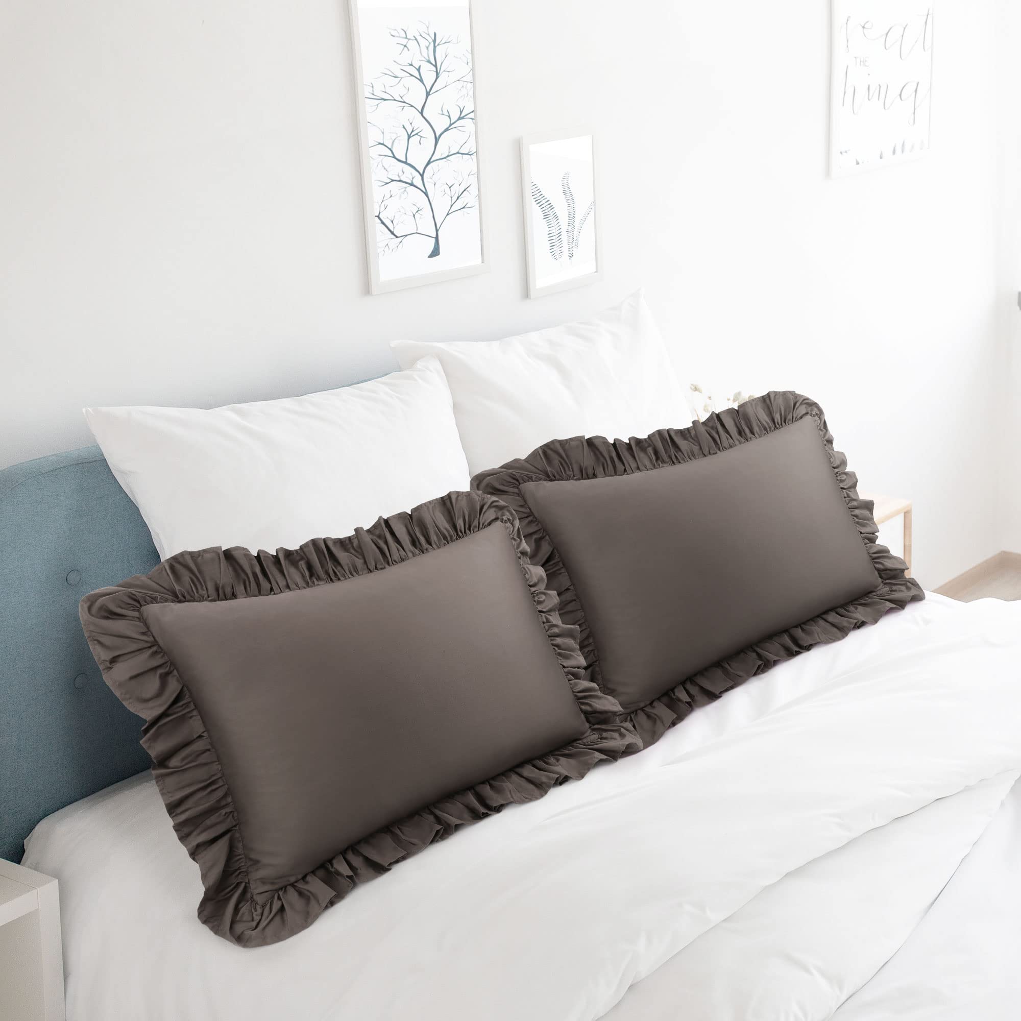 PiccoCasa Ruffled Pillow Shams Set of 2, Soft Breathable Cotton Bed Pillow Covers with Envelope Closure, Ruffle Pillow Case Queen Beaver