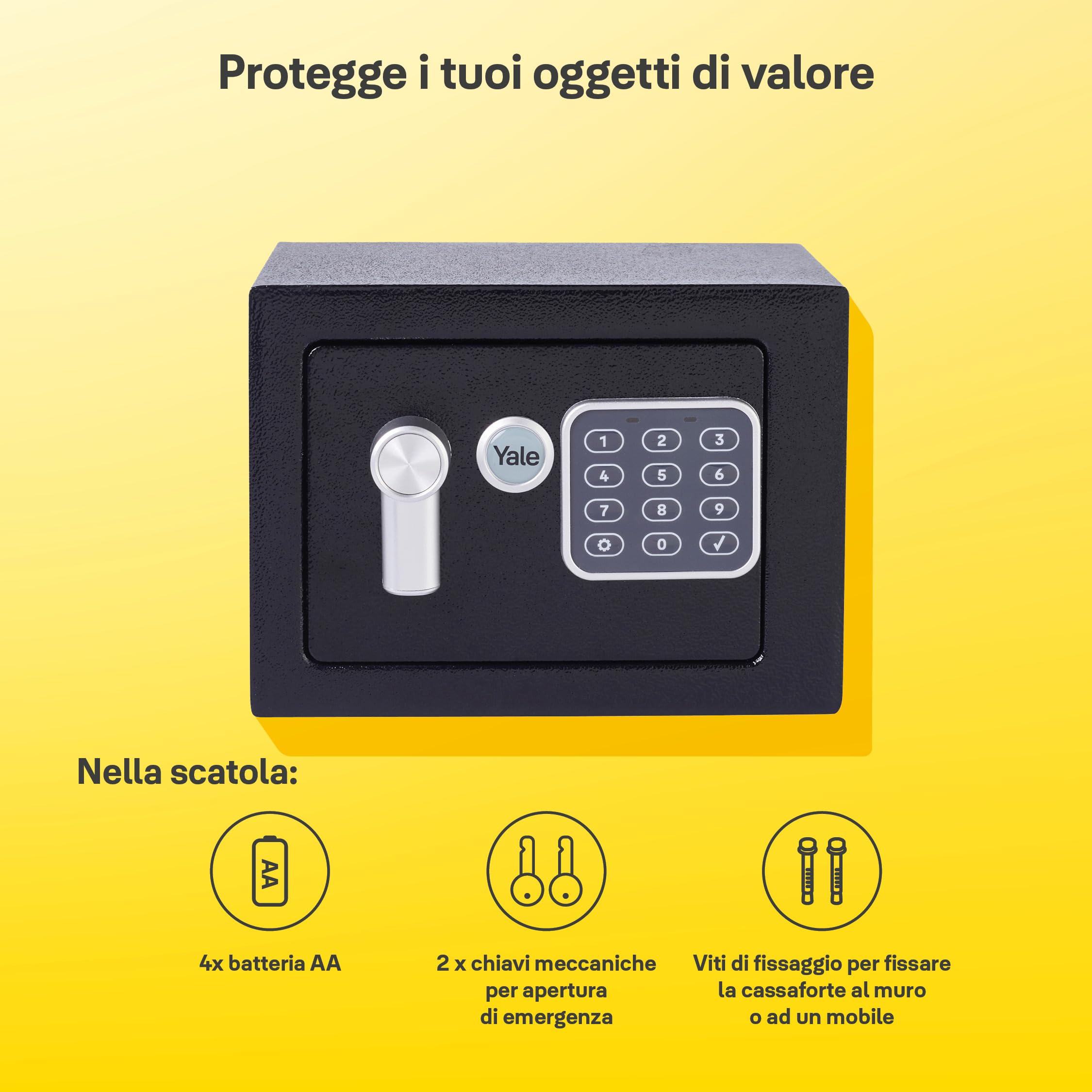 YALE Cassaforte XS YSV/170/DB2 Nero, con Tastiera Digitale, Indicatori di Luce a LED, Fissaggi a Parete e Pavimento, Capacità di 3.8 L, Dim Interne 170 x 230 x 170 mm, Mini, Versione Corrente