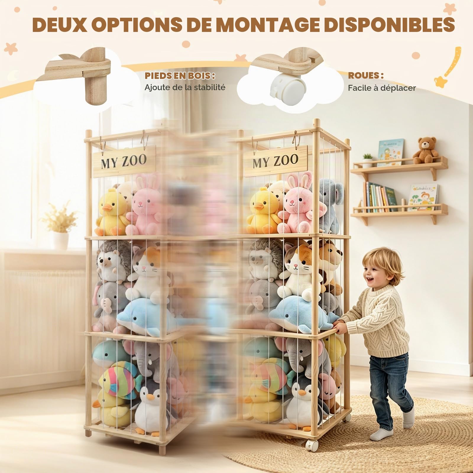 Rangement pour peluches, en bois, avec freins à 360°, grande capacité, 135 x 40 x 40 cm, pour salle de jeux, chambre d'enfant, chambre à coucher