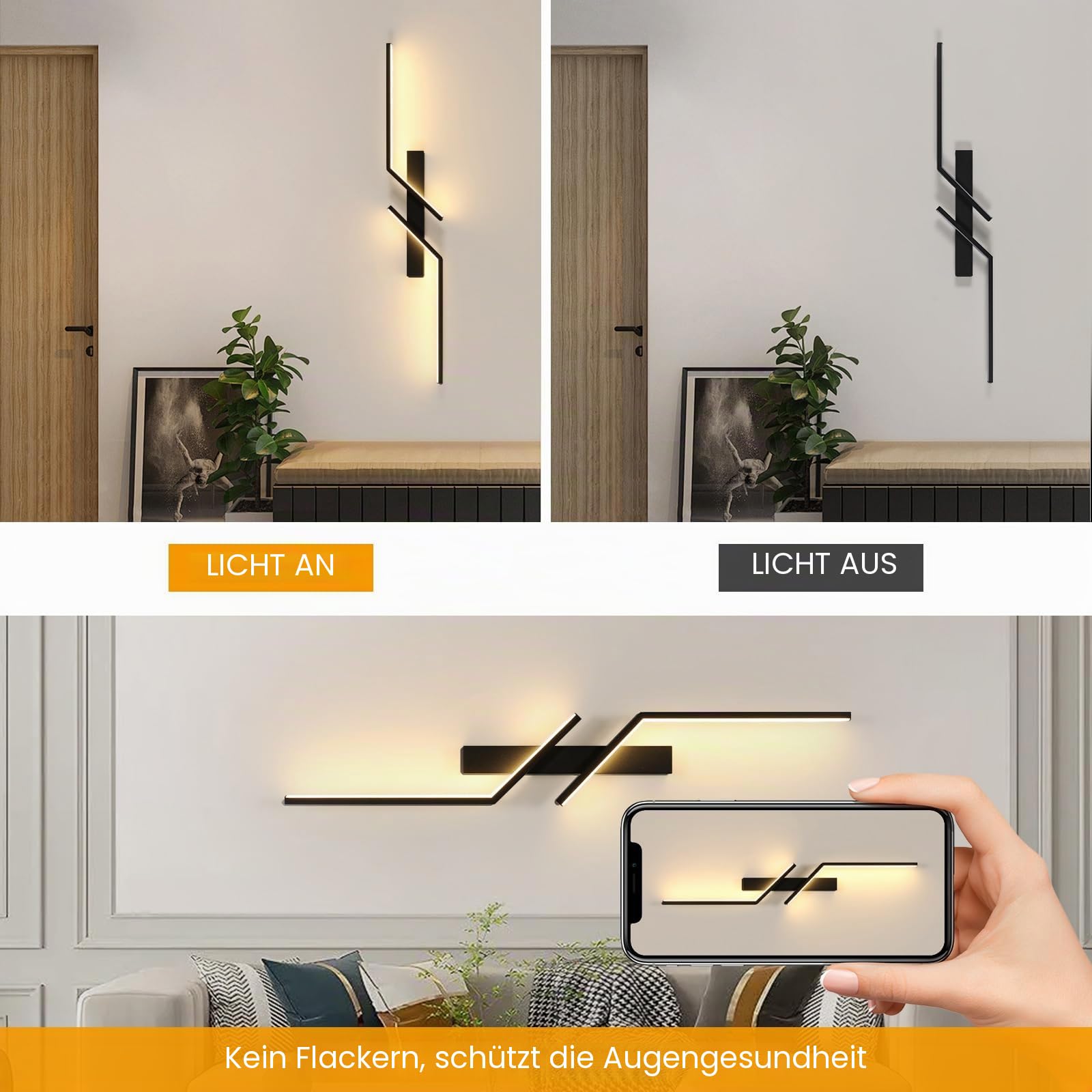 DELIPOP Wandleuchte LED Innen, 24W Lange Linie Moderne Wandlampe Schwarz, Warmweiß 3000K Wandbeleuchtung Für Schlafzimmer Wohnzimmer Korridor Treppenhaus | Lange Linie Wandbeleuchtung Für Schlafzimmer Wohnzimmer Korridor Esszimmer