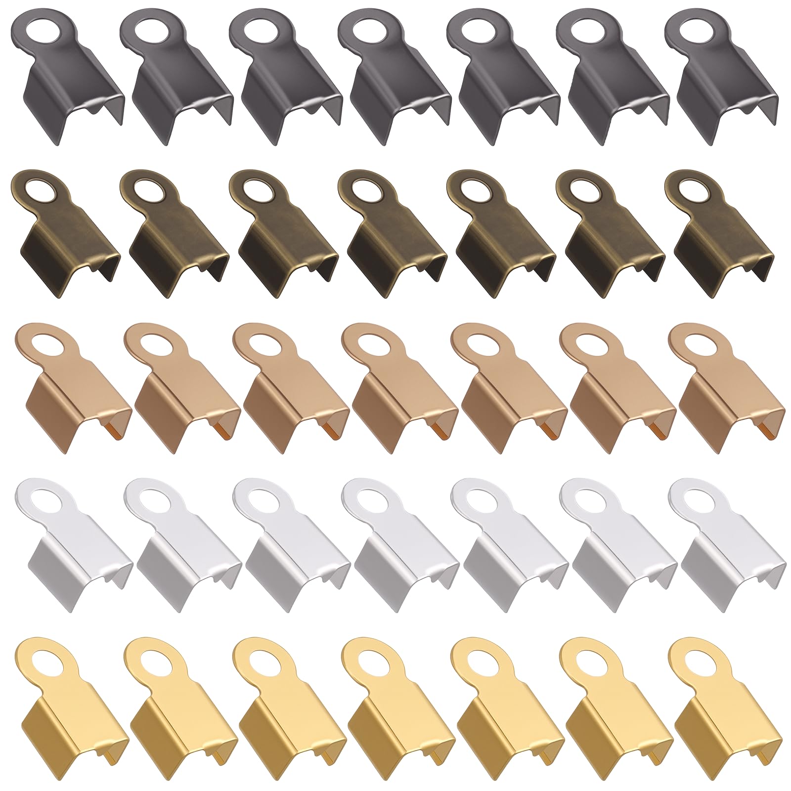 600Pcs Fold Over Cord Ends, Leather Ribbon End Clasp Tips Caps, Cord Crimp End Tips, Jewelry Connector for Jewelry Making, 4.5 x 8.5 mm, 6 Colors