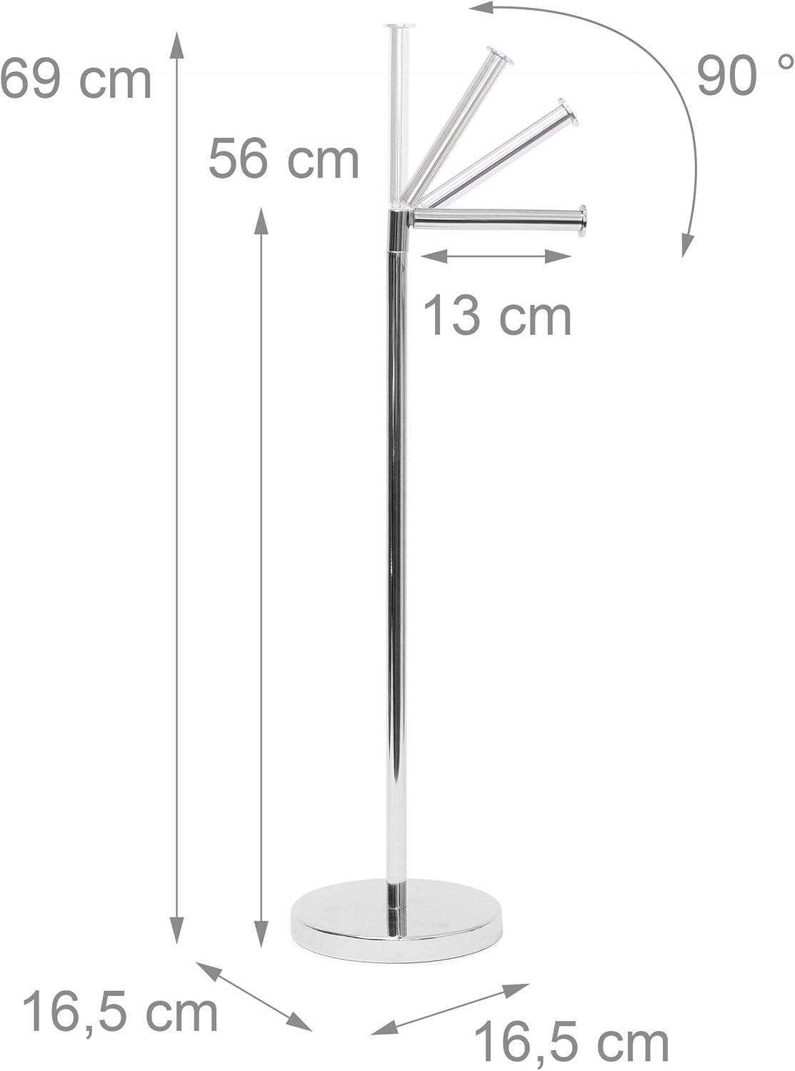 Relaxdays Standing Toilet Paper Holder, 69 x 16.5 x 16.5 cm Free-Standing Toilet Paper Roll Stand Steel Roll Holder for Spare TP, Chromed, Silver