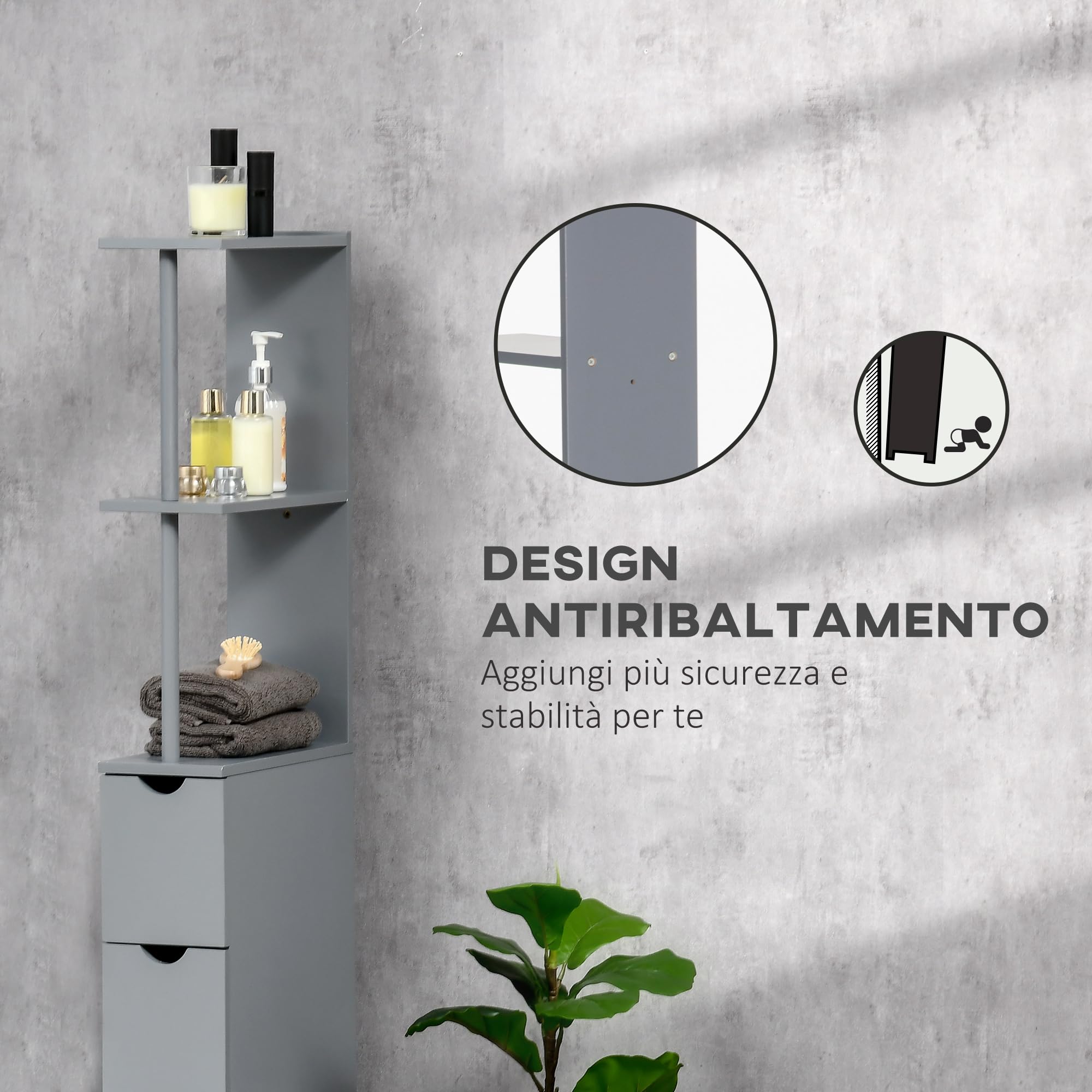 HOMCOM Colonna Bagno, Mobile Bagno Salvaspazio in Legno, Mobiletto con Armadietto, Ripiani e Cassetti, 15x33x136.8 cm, Grigio