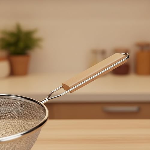 Miniatura 4 de Colador de 8 pulgadas de diámetro mediano de acero inoxidable de malla fina de malla simple con mango de color marrón plateado tamiz de cocina