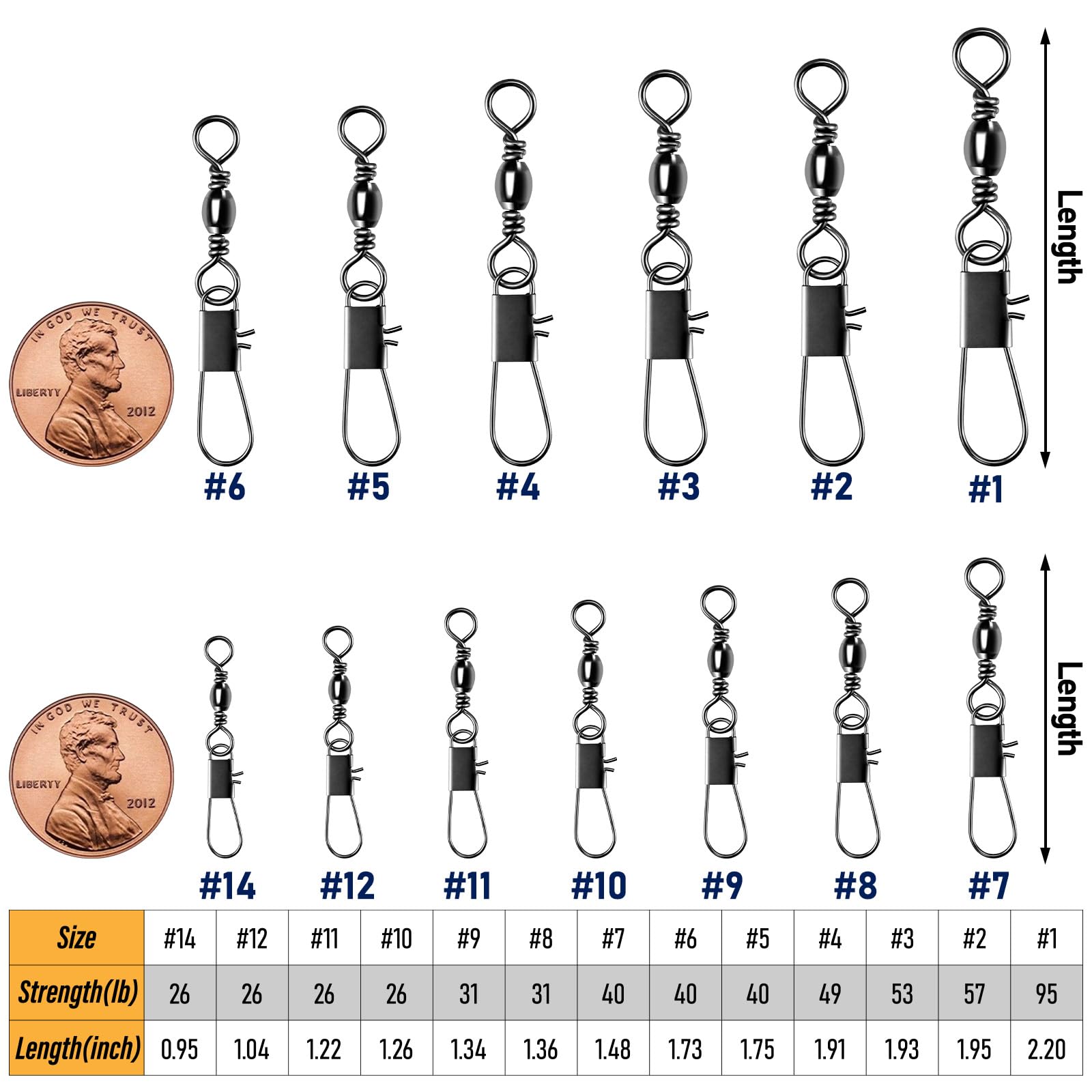 Alwonder Lot de 100 Émerillon Agrafe INOX de Pêche en Mer Conçus pour Attacher Facilement Montages et Leurres Rapide Connecteurs de Ligne émerillon Rolling Intégré évite à la Ligne de Vriller