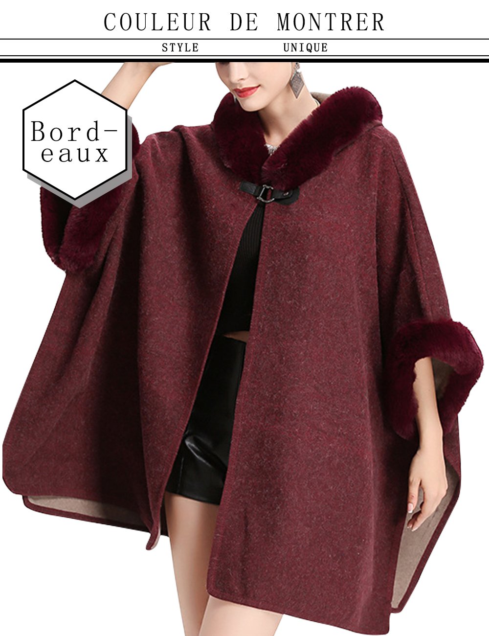 Cape Poncho Fausse Fourrure Hiver Tricoté – Châle Chaud Élégant Femme Col Fourrure Longueur 85 Cm