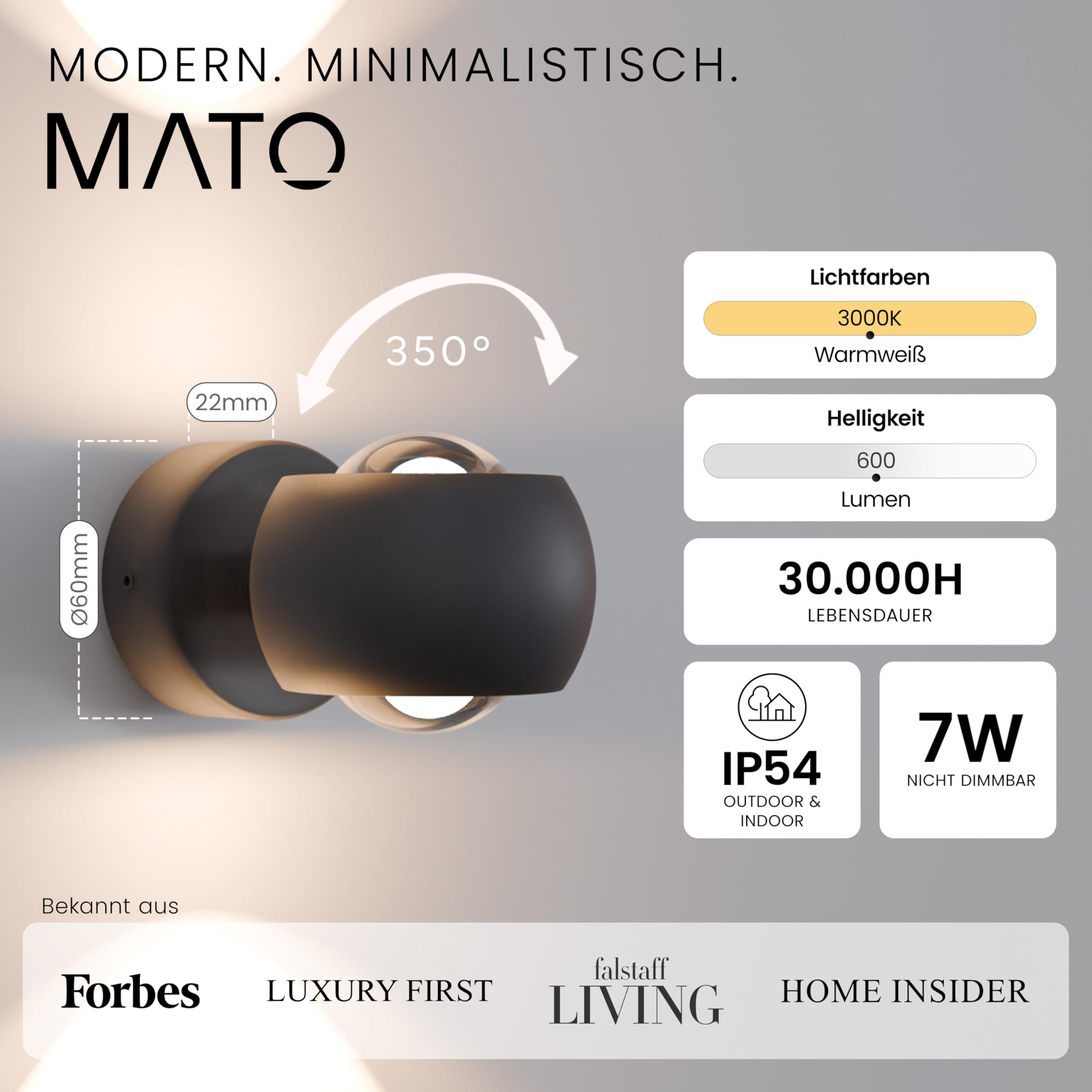 MATO LED Wandleuchte Innen & Aussen - 7W, 3000K Warmweiß, IP54 Wetterfest - Aussenlampe Wand Up Down Leuchte - Außenwandleuchten, Außenlampe, Wandlampe Außen, Außenbeleuchtung, Lampe, Schwarz