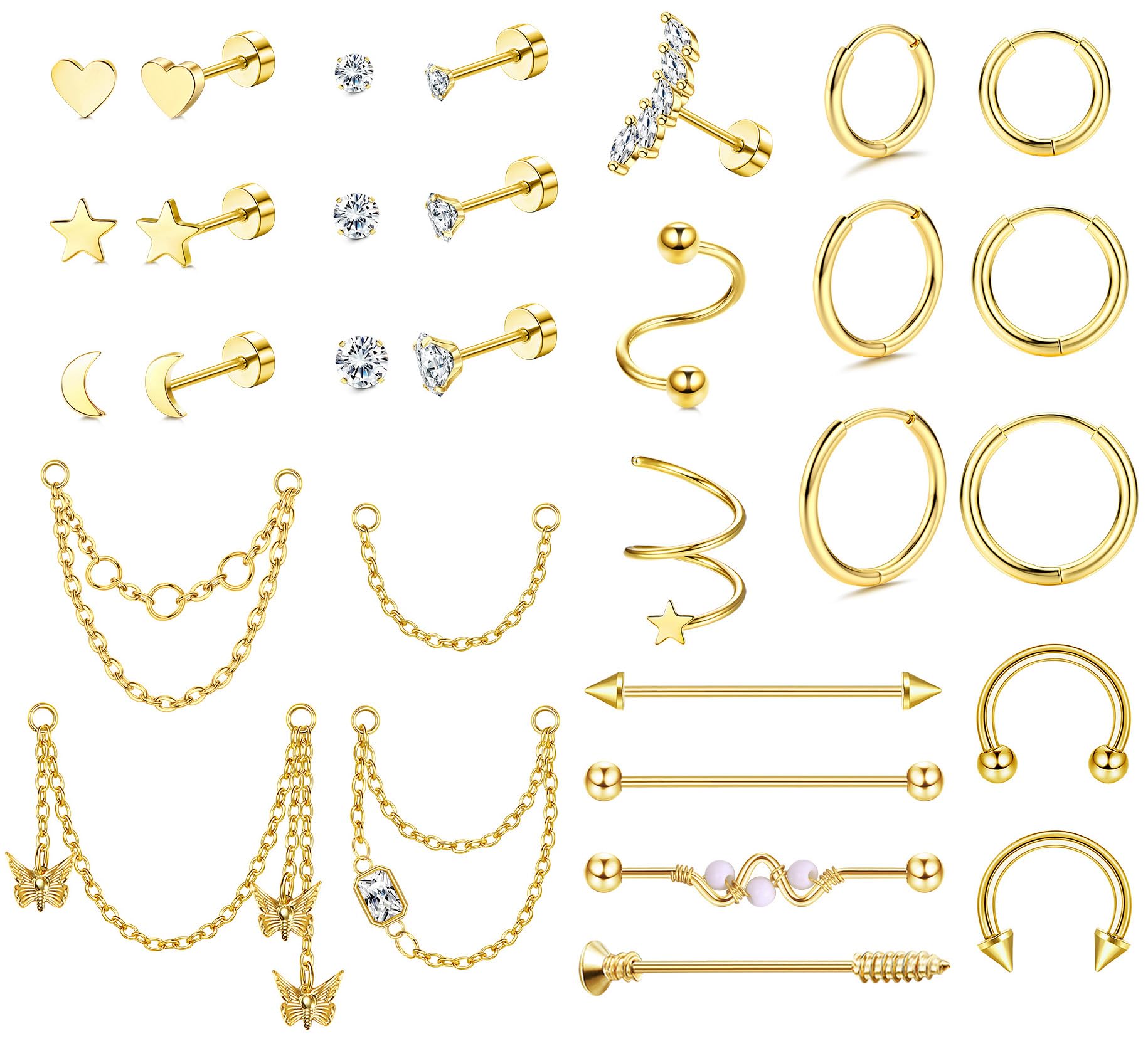 Adramata 31Pcs Piercing Oreja Acero Quirúrgico Pendientes Set Piercing Pendientes de Tuerca Pendientes de Aro Industrial Piercing Cartílago Piercing Oro Plata Helix Tragus Piercing para Mujer