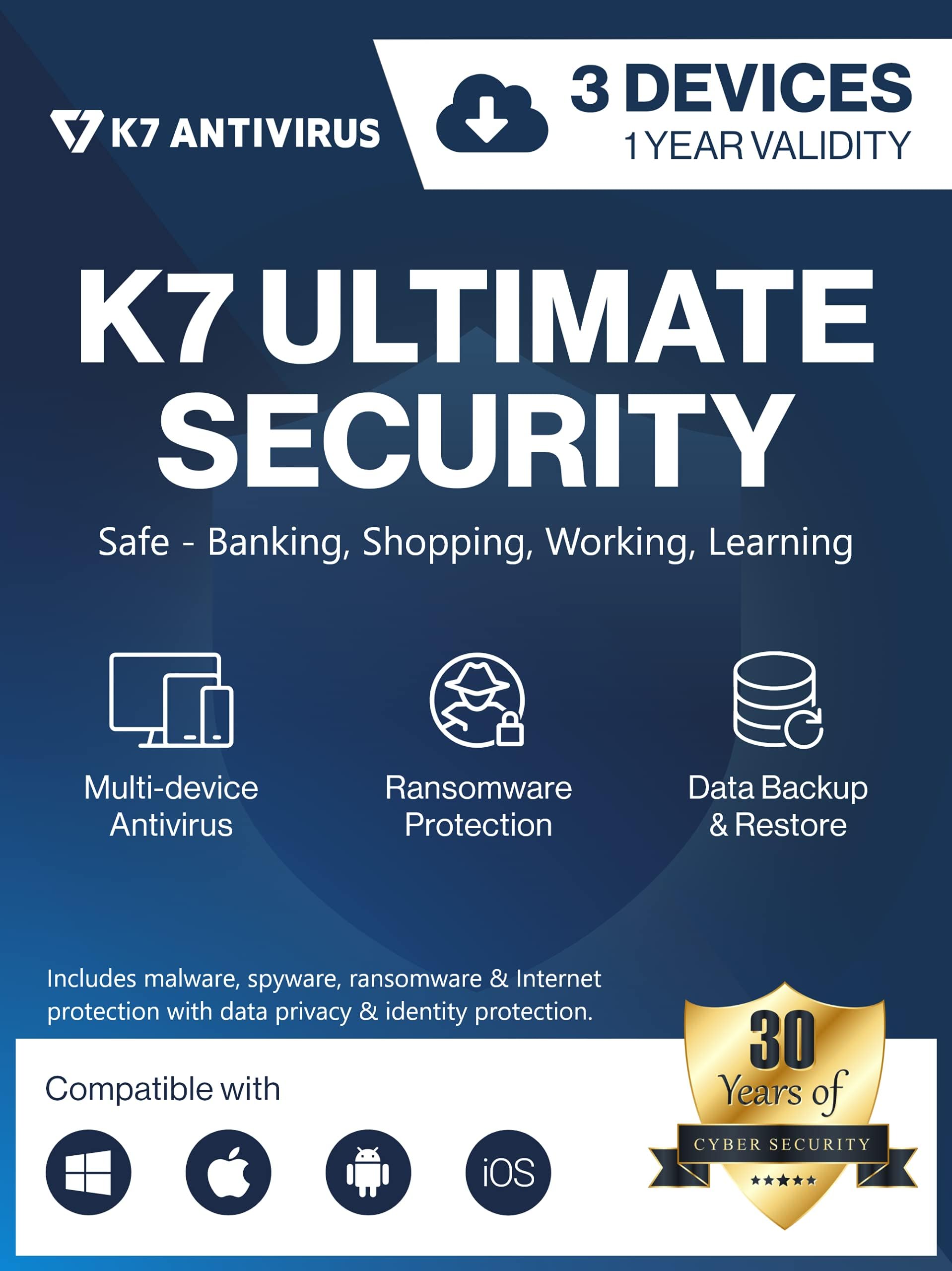 K7 Ultimate Security Antivirus 2026 | 3 Devices ,1 Year| Internet Security, Anti Malware, Smart Firewall, Backup & Restore, Parental Controls