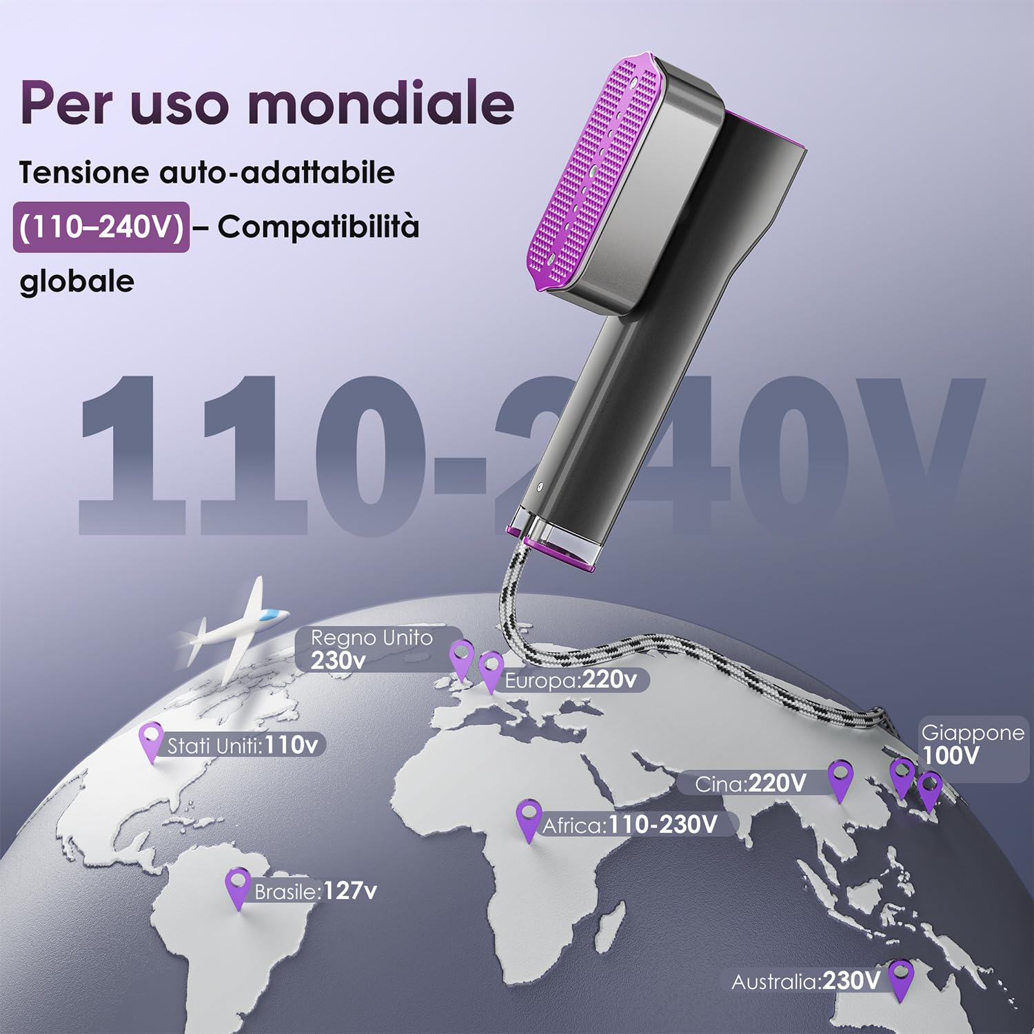 VIWAVE Ferro da Stiro Verticale 1200W Dual Voltage 100-240V 2-in-1 con 4 Modalità Display LED Portatile