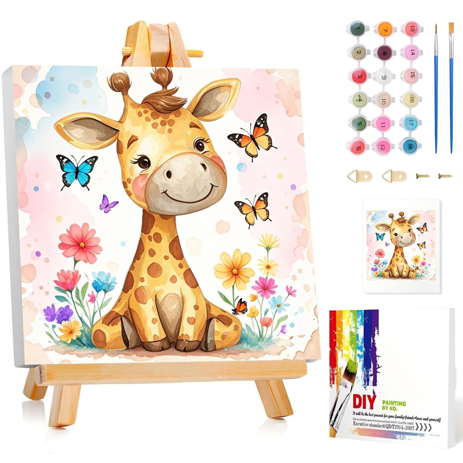 Miquans Art Malen Nach Zahlen Mit Rahmen, Giraffe Malen Nach Zahl, Paint by Numbers DIY Malen Nach Zahlen ab 5 6 7 8 9 10 Jahre Mädchen und Junge 20x20cm Mit Staffelei
