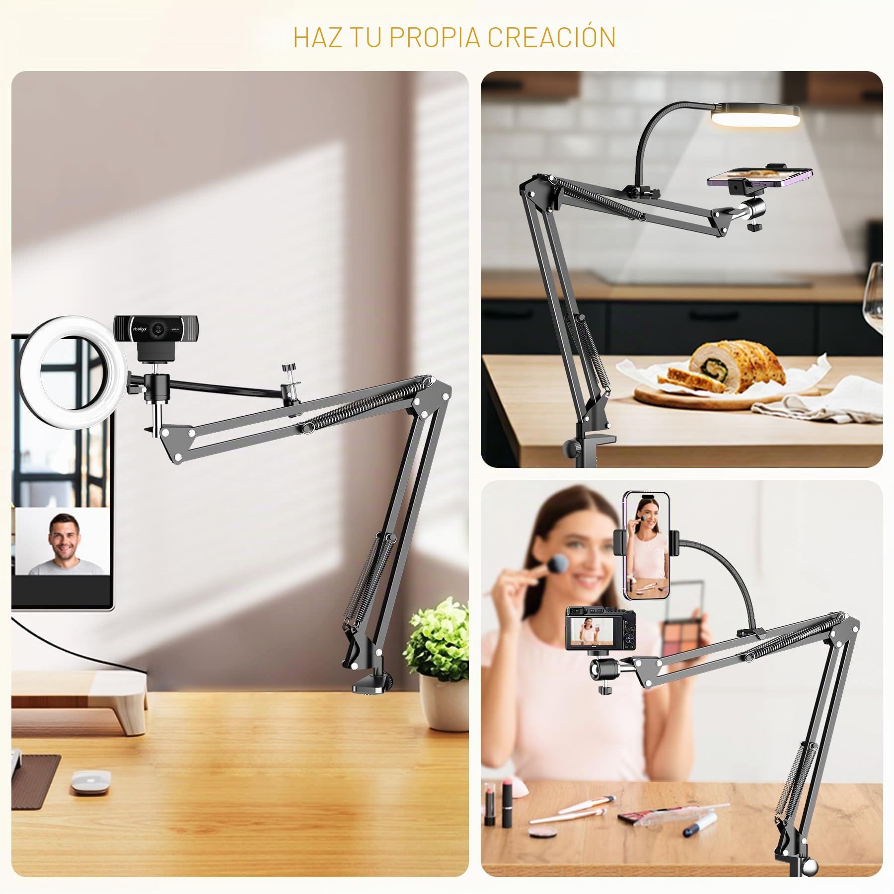 Soporte de teléfono Superior con Anillo de luz, Soporte articulado Flexible Compatible con iPhone, cámara Web Logitech, trípode de Escritorio para Youtube Live Stream Cocina, grabación de Video de