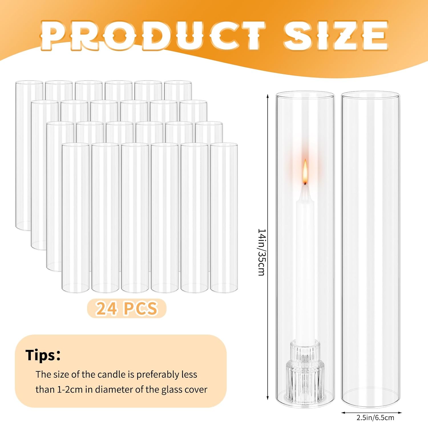 24 PCS Hurricane Candle Holder, 2.5" W x 14" H Open Ended Glass Candle Cylinder Sleeve, Clear Glass Cylinder Candle Holder, Open Flame Candle Chimney Tube Cover, Bottomless Cylindrical Glass - Image 2