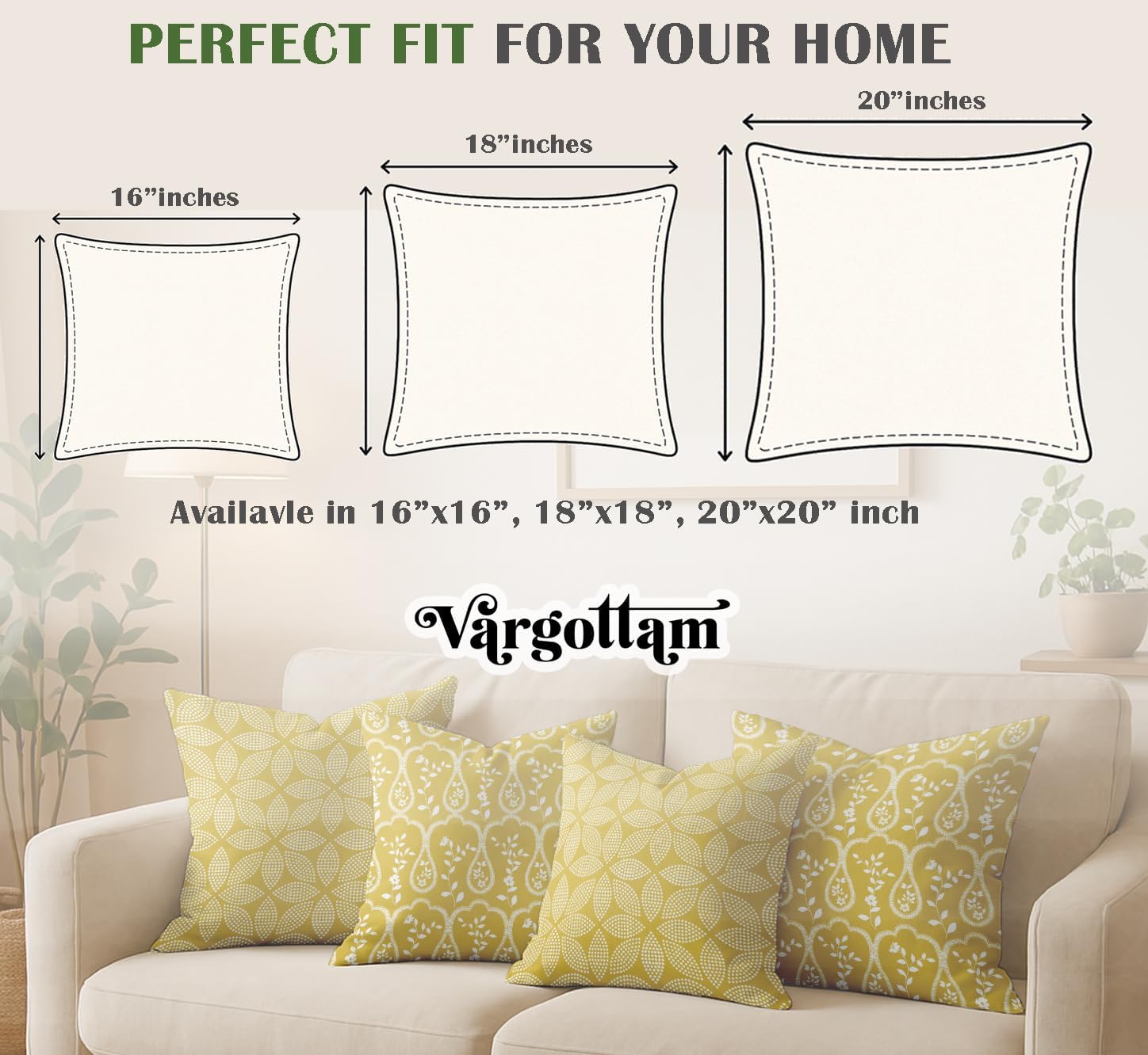Cotton Cushion Covers Set of 4-16x16 Inch, Geometric Print, Double-Sided Printed Throw Pillow Covers with Hidden Zipper - No Filler - Yellow