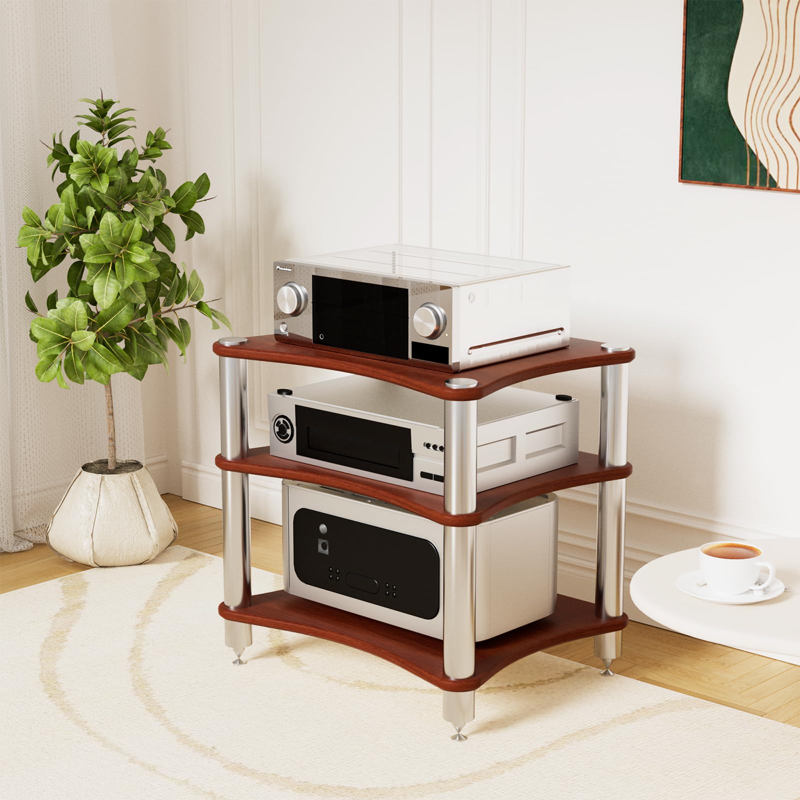 3-Tier AV Media Stand, Stereo Racks and Stands, Video Component Cabinet Audio Rack Tower for DVD Player Game Console TV Box WiFi Routert (Dark Wood, 3-Tier)