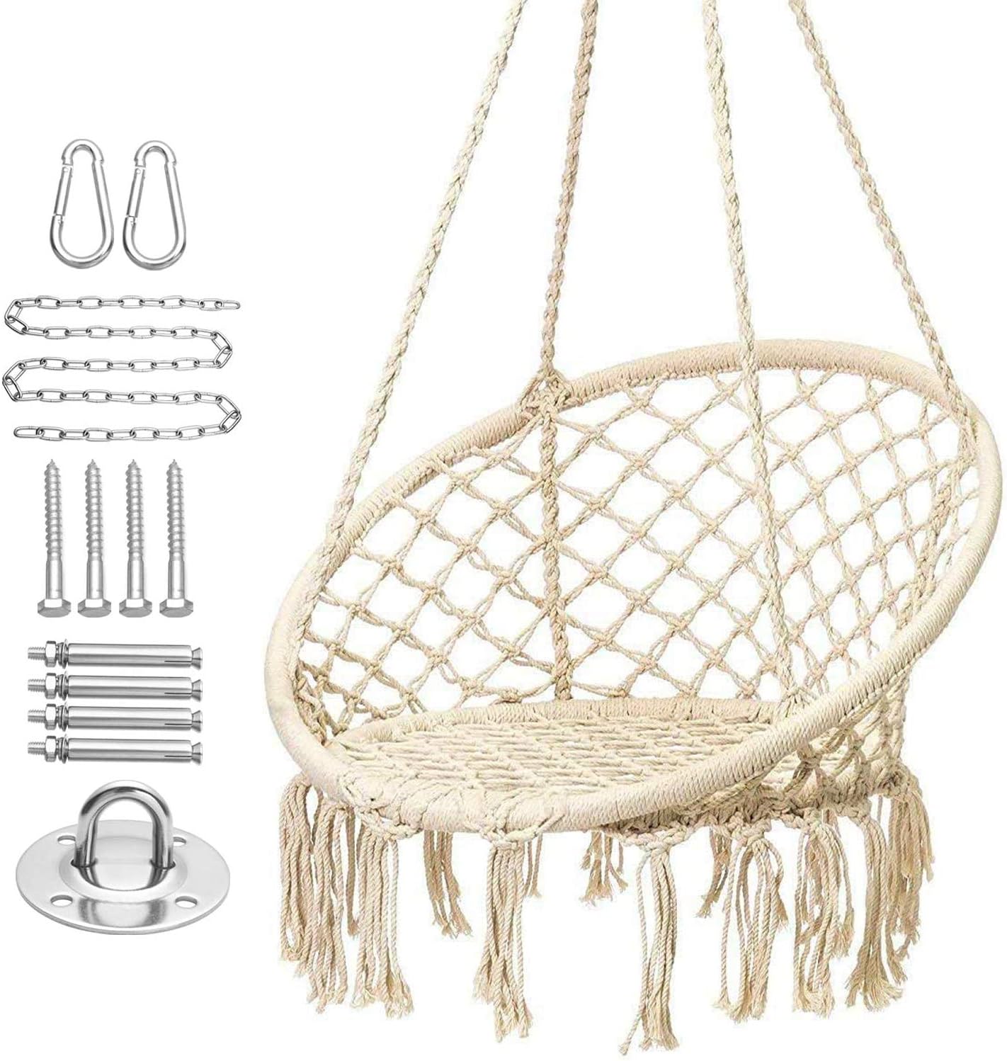 Karriw Cotton Hammock Macrame Chair Swing with Hanging Hardware Kits (Beige)