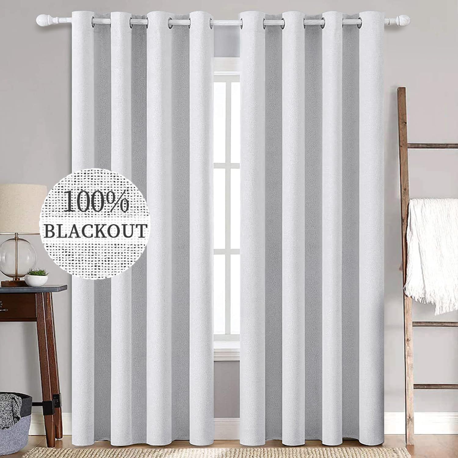 MIULEE Opacas Cortinas Aislantes Térmicas con Ojales 100% Opacas Cortinas de Lino Sala de Estar Protección contra el Frío Cortina Blackout Juego de 2, 140 x 260 cm Gris Blanco