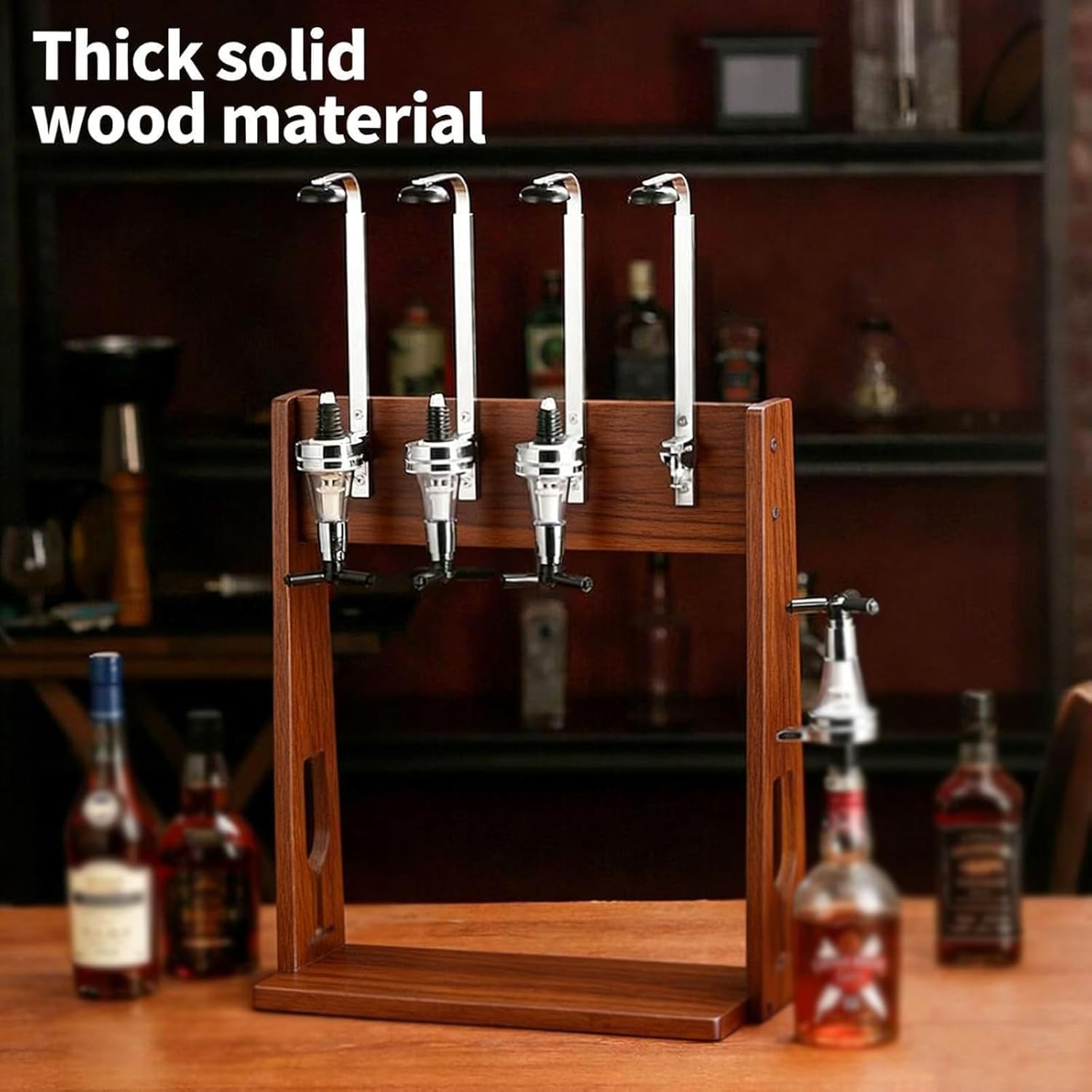 Likörspenderständer, freistehender Weinspender aus Holz mit gefedertem Ausgießer, 4 Flaschenhalter für Zuhause, Kneipe, Bar, Restaurant