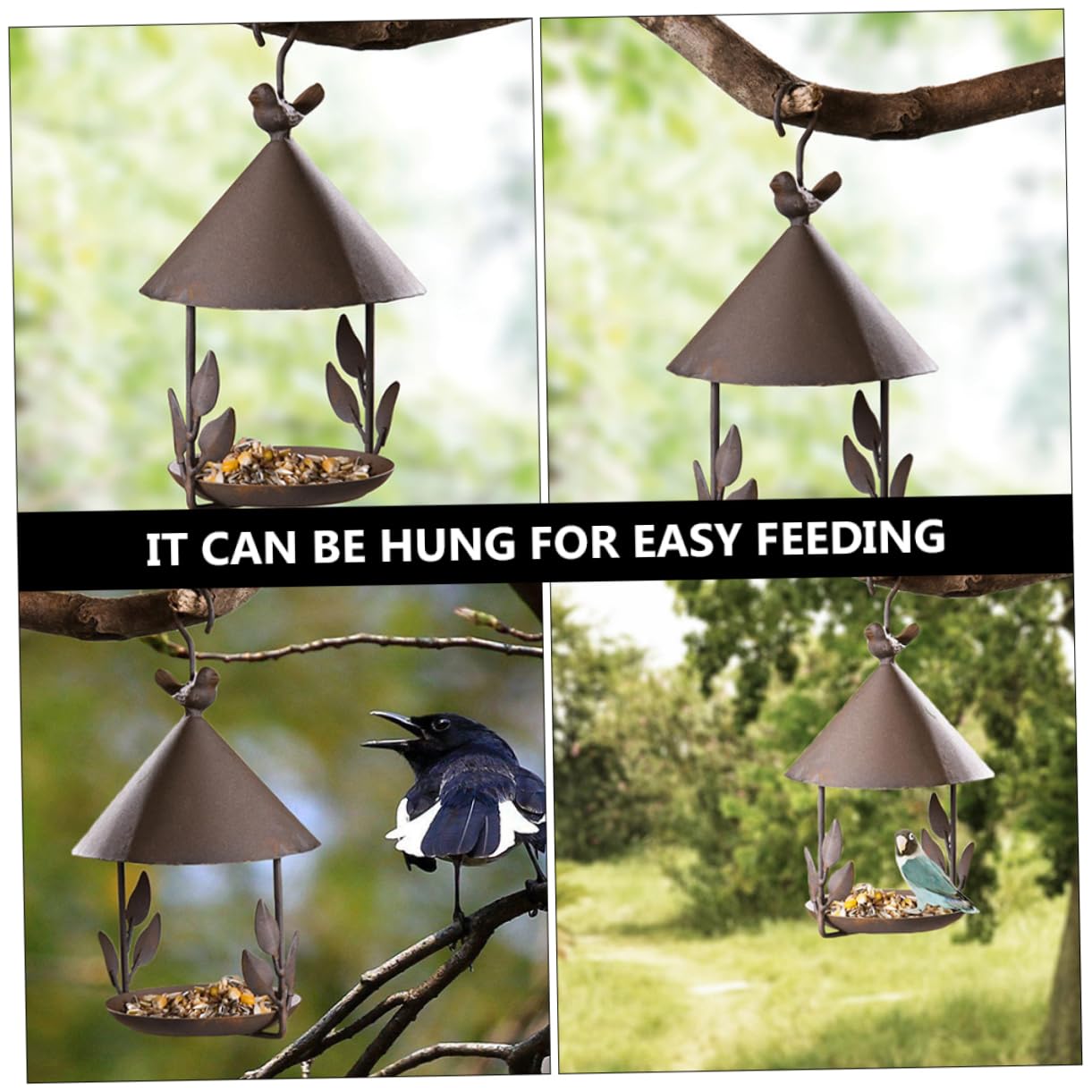 Mangiatoia per Uccelli da Giardino in Ferro Design Unico Sospesa per Pappagalli e Uccelli, Decorazione per Spazi Esterni e Patio