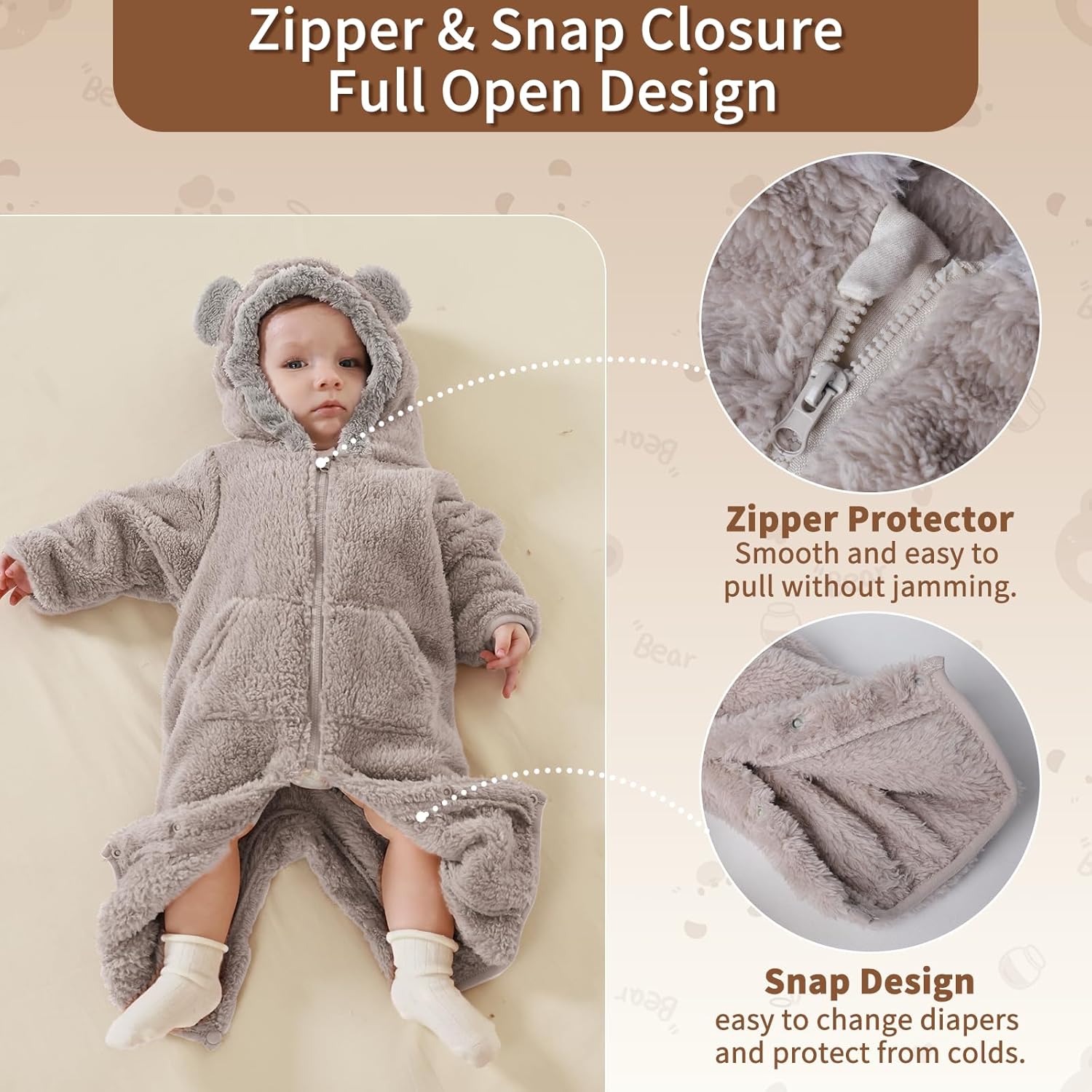 Newborn Baby Bear Outfit Suit With Fold-Over Mittens Footies Girls Boys Winter Fleece Clothes Hooded Romper Snowsuit - Image 3