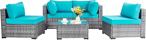 Miniatura 13 de Shintenchi Juego de 5 muebles de patio al aire libre, sofá seccional de patio, muebles de mimbre de polietileno gris, juegos de conversación Azul