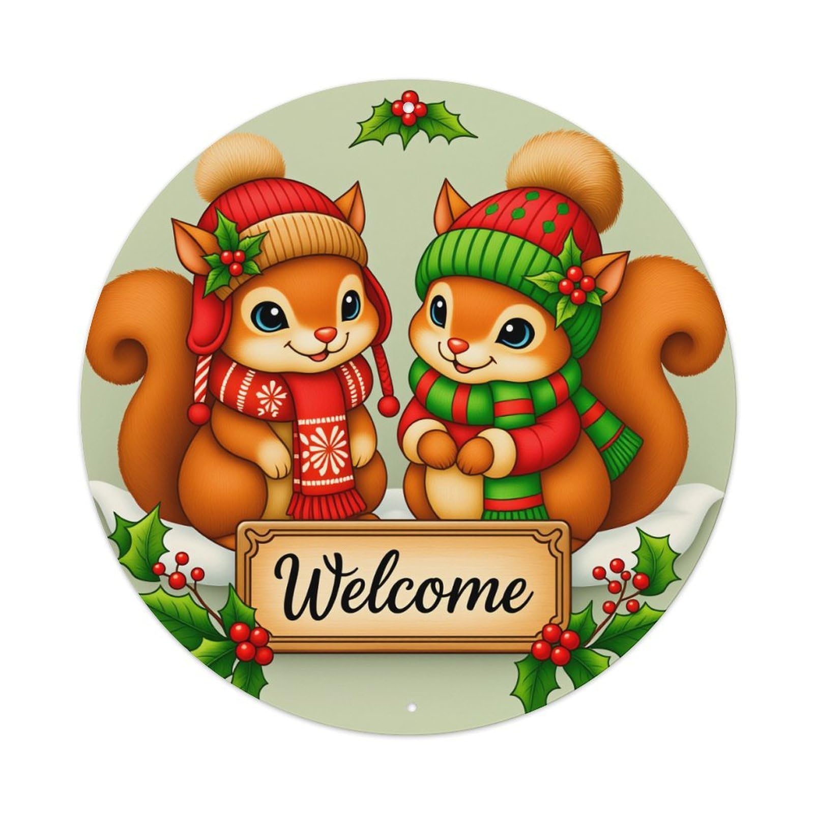 Cute Squirrels Winter Welcome Holiday Round Tin Sign Vintage Style Metal Sign Home Bar Garden Wall Plaque Decor Metal Poster 8x8 Inch