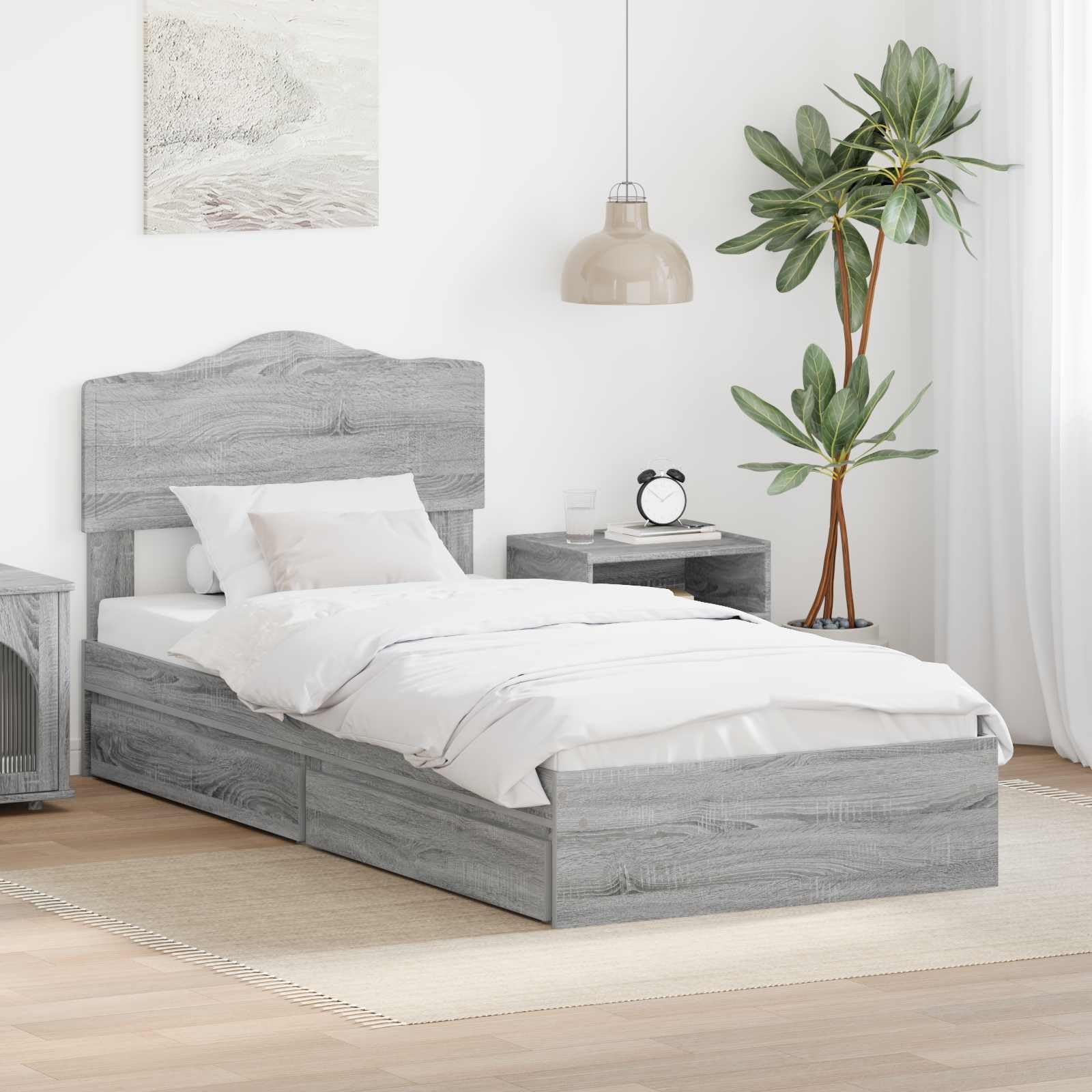 Łóżko pojedyncze 70 x 190 cm z szufladą, materiał drewnopochodny, szara Sonoma, wąska rama łóżka, w zestawie ze stelażem, zagłówek do pokoju gościnnego, pokoju młodzieżowego