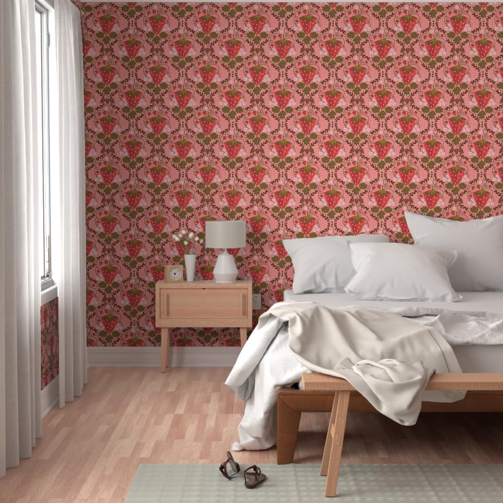Peel & Stick Wallpaper 3ft x 2ft - Strawberry Damask Mustard Pink Floral Happy Sweet Custom Removable Wallpaper by Spoonflower