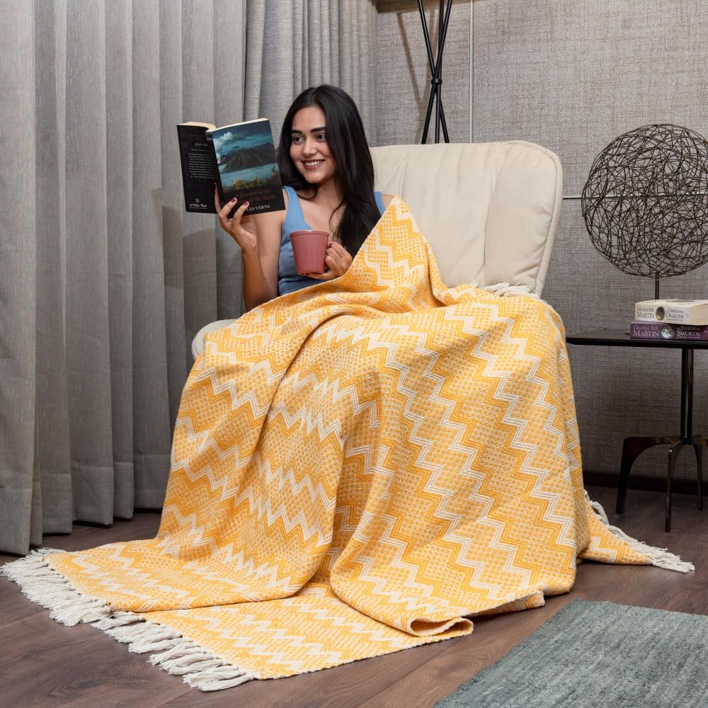 Urban Space Handmade Pure Cotton Sofa Throw Blanket, Soft Decorative Throw for Living Room, Sofa, Chair and Couch, Reversible and Breathable Throw with Tassels (Size- 130 x 160 cm, Geometric Yellow)-image-41