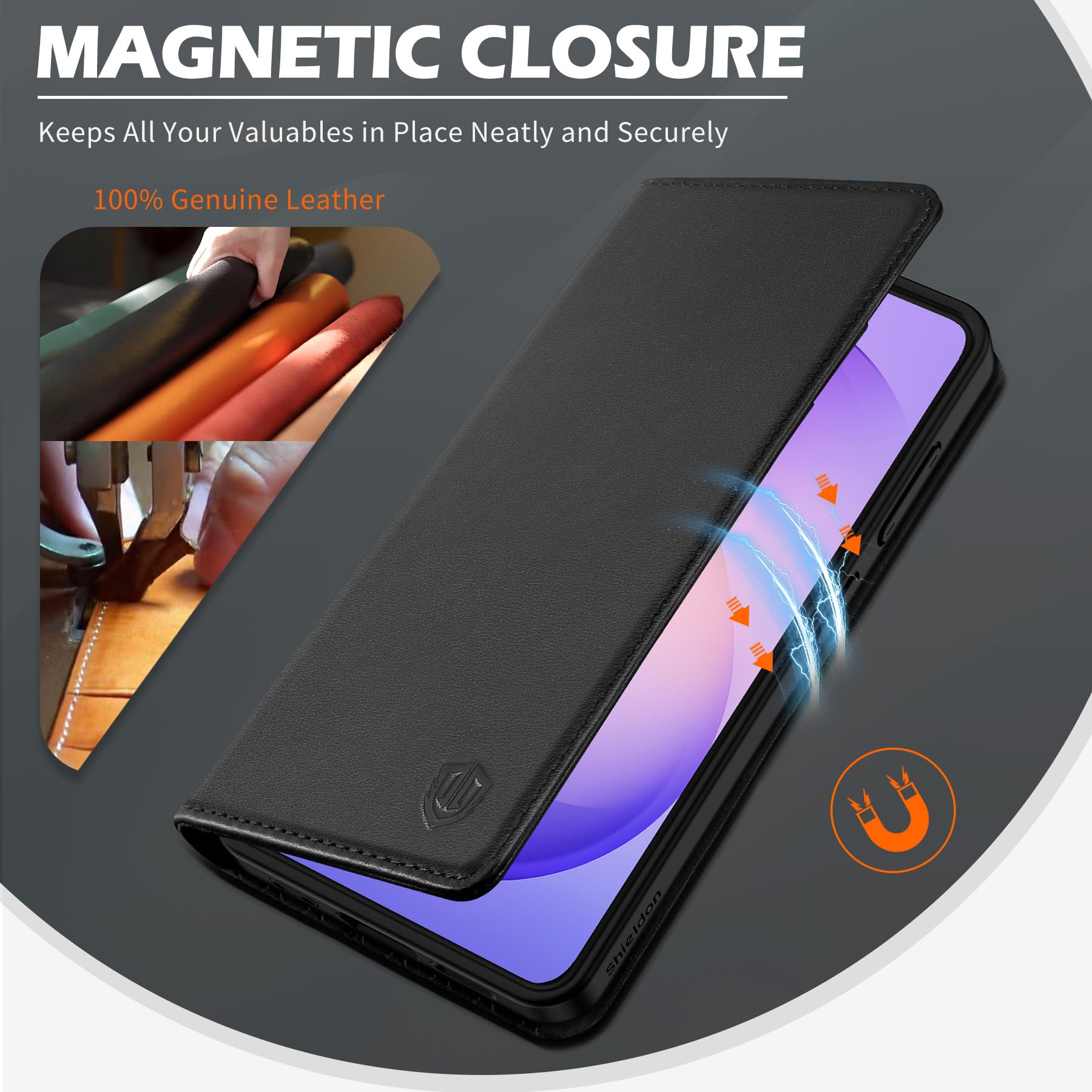 SHIELDON Funda para Galaxy S26+ Plus 6.7", Carcasa de Cuero Genuino con Soporte para Tarjeta, Bloqueo RFID, Protección Completa, Magnética, Leather Case Compatible con Galaxy S 26+ 2026 - Negro