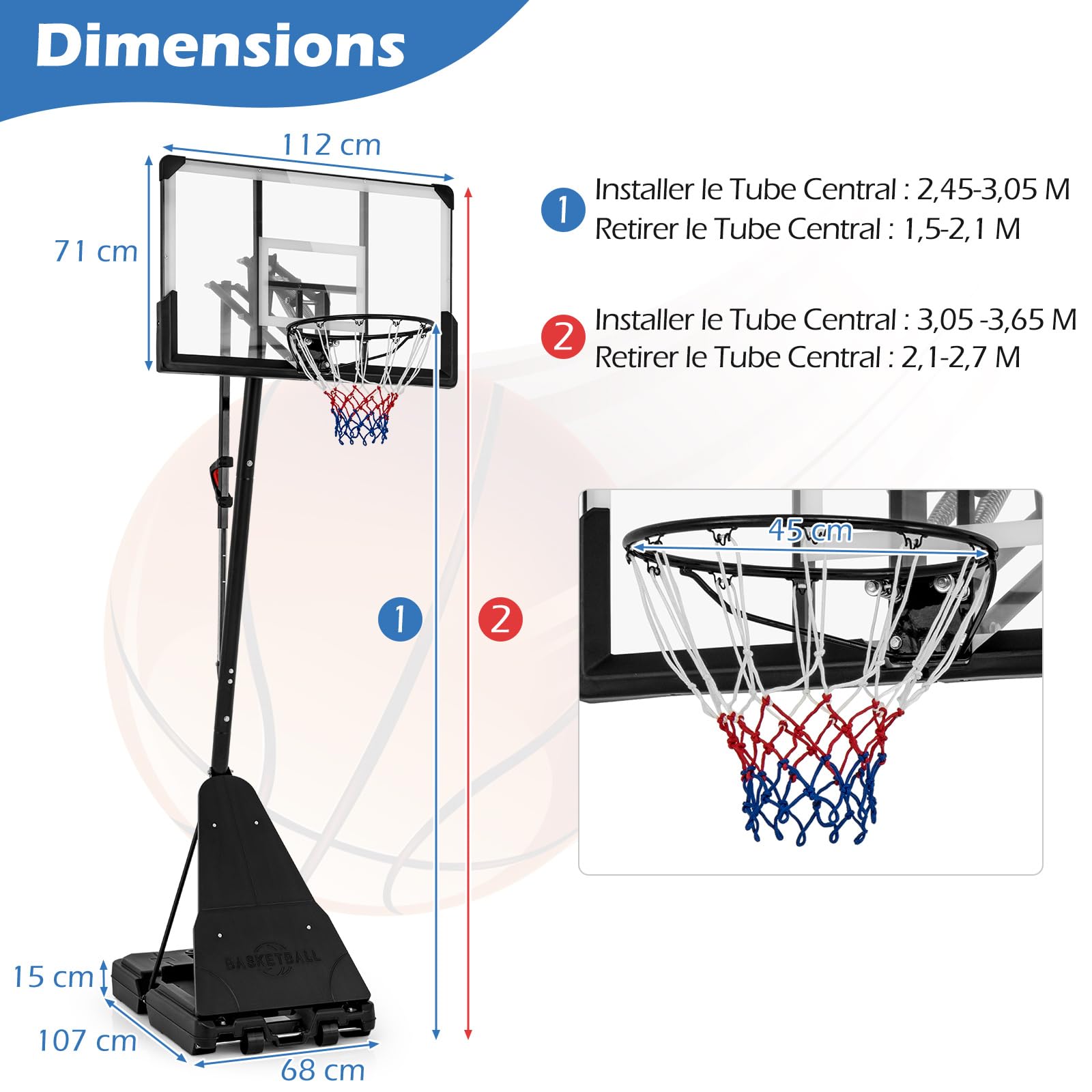 COSTWAY Panier de Basket sur Pied Extérieur Hauteur 1,5/2,45-3,05 m, But de Basket-Ball Adultes Portable avec Panneau Incassable Base Remplissable à roulettes pour Jardin Terrain