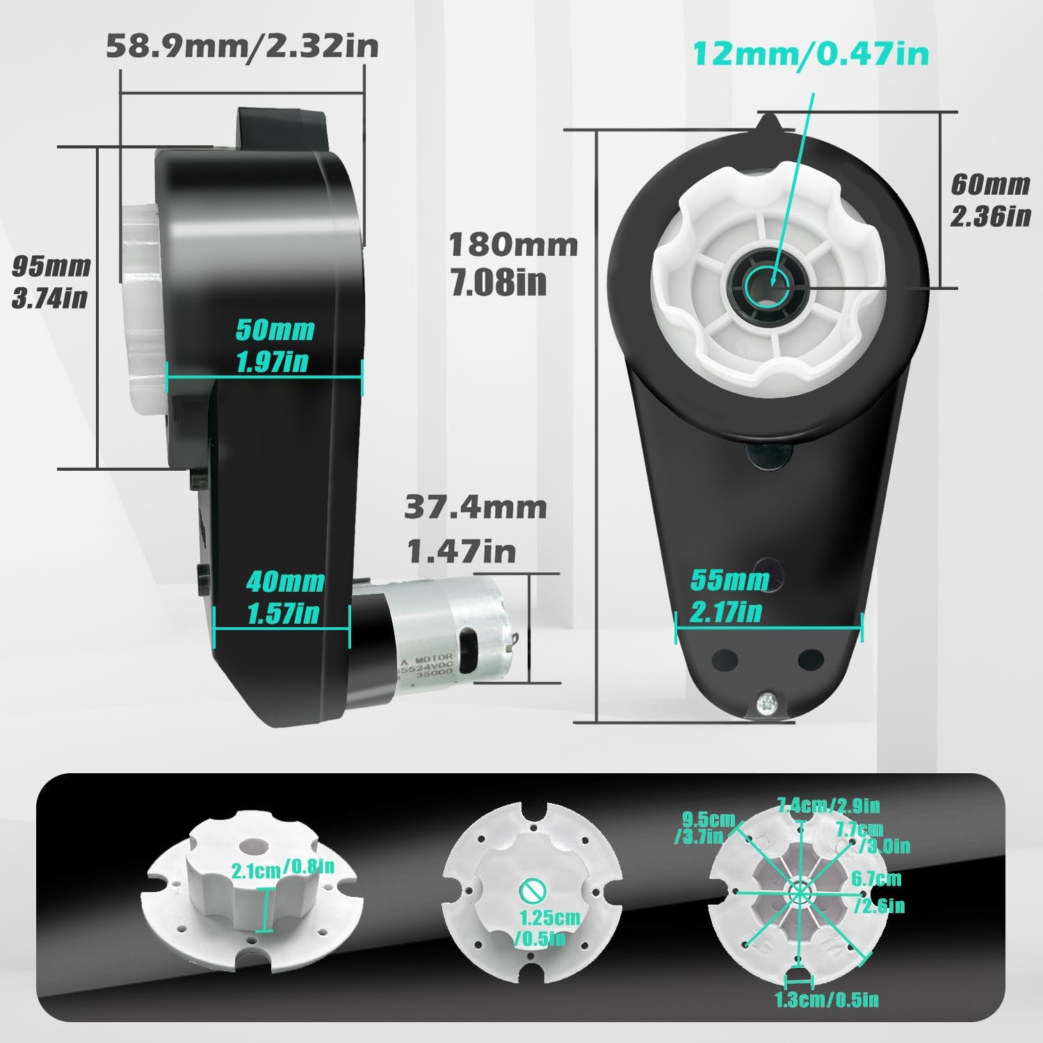 Condition photo showing New/Like New for 2pcs 24v rs555 35000rpm high-speed steel gears motor gearbox for power wheels kids ride on car motor upgrade,18v-24v motor conversion kit,coupler for power wheels rubber tire upgrade replacement parts white
