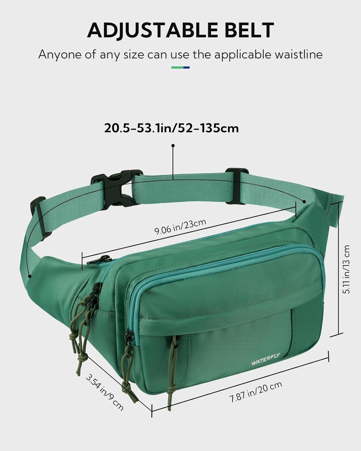 WATERFLY Fanny Pack Waist Packs: Large Crossbody Fanny Packs for Women Men with 5 Zipper Pockets Adjustable Strap Waist Bags Hip Pack for Traveling Cycling Running Hiking-Light Green - Image 2