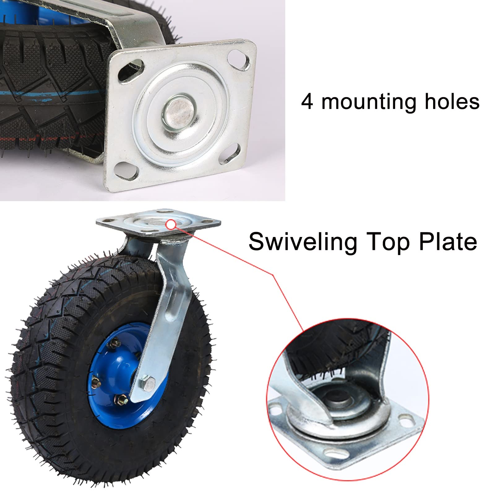 LIGUOYI Lenkrolle Luftrad Bockrolle, Ø 200mm 250mm Schwerlastrollen, Leise Gummi Transportrollen, Schubkarren Transportrolle, Mit Bremse Und Befestigungsschrauben, 2 Lenkrollen + 2 Bockrollen
