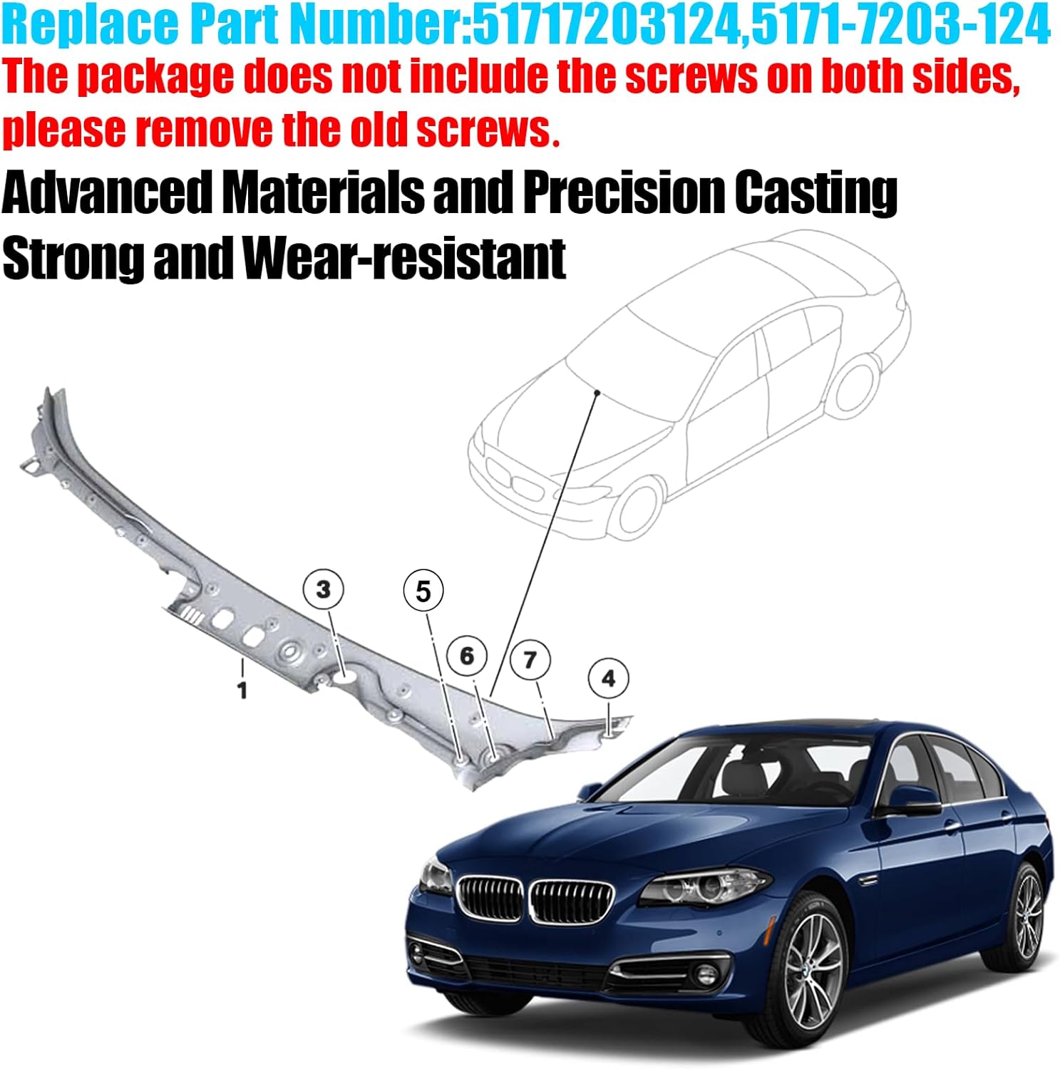 Jaronx Compatible with BMW Windshield Wiper Cowl Replacement 5 Series F10/F11 2010 2011 2012 2013 2014 2015 2016, Wiper Cowl Panel Trim Cover Compatible with BMW F10/F11 51717203124, 5171-7203-124