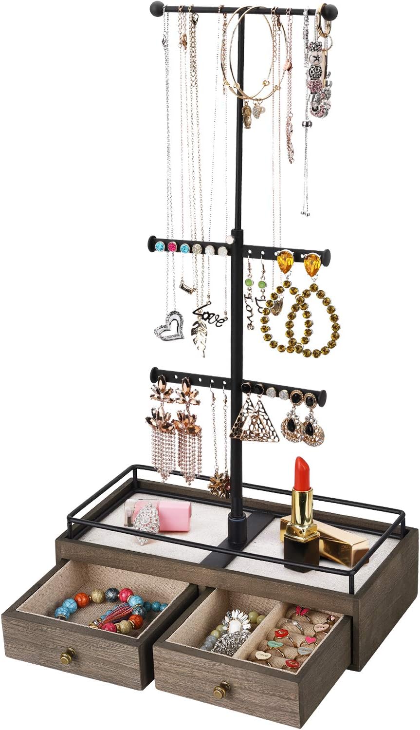 Keebofly Jewelry Organizer Box Metal Jewelry Tree Stand & Rustic Wood Basic Drawer Storage Box - 3 Tier Jewelry Stand Organizer Box for Necklaces Bracelet Earrings Ring Weathered Grey
