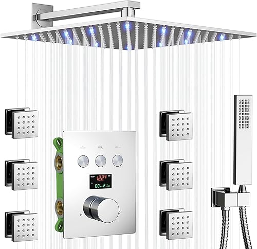 KATAIS Sistema de ducha de visualización de temperatura montado en la pared LED de 12 pulgadas sistema de ducha termostático de aleta cromada