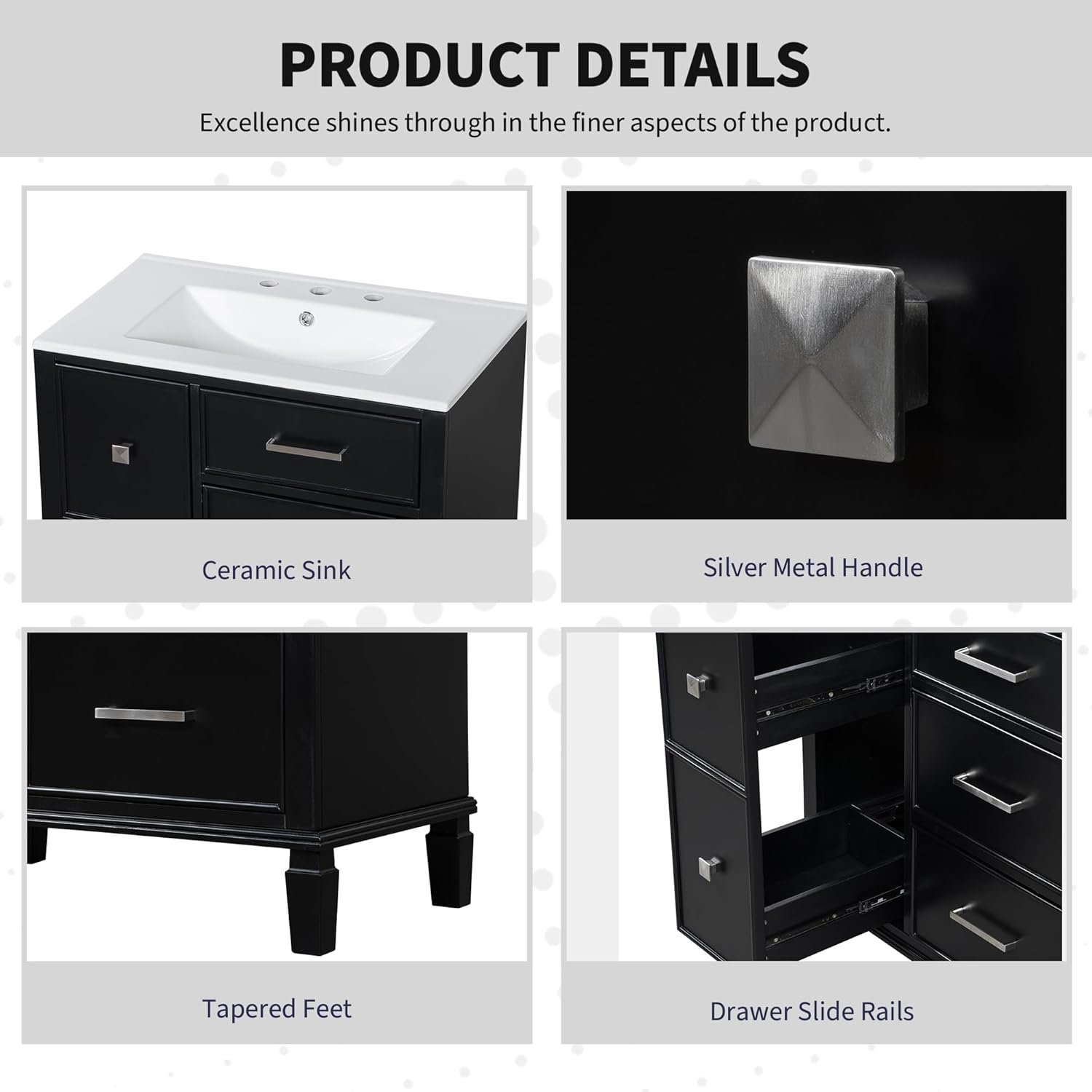 Findepot 30 Inch Bathroom Vanity with Ceramic Sink, Floorstanding Cabinet with Solid Wood Legs, Flip-Out Drawer Design & Three Soft Close Drawers, Black